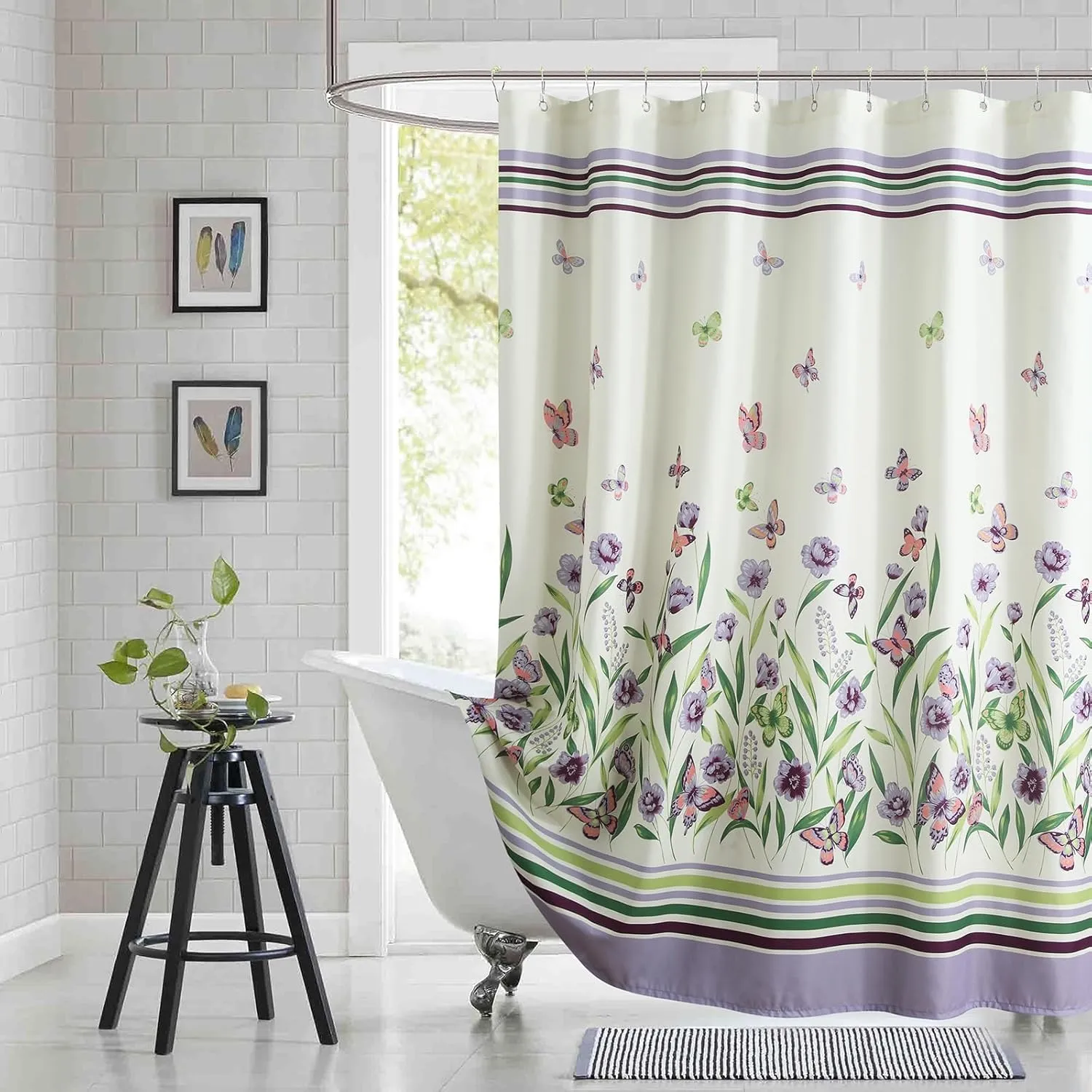 Fabric Shower Curtain, Butterfly Garden Flower Plant Shower Curtains for Bathroom, Purple and Cream Floral Bathroom Curtains, 72" W x 72" H