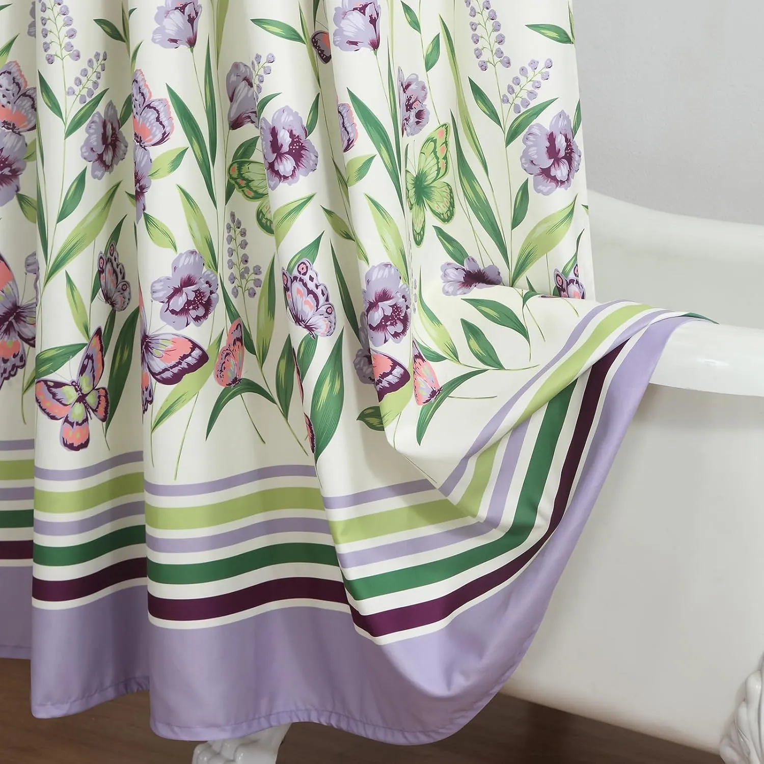 Fabric Shower Curtain, Butterfly Garden Flower Plant Shower Curtains for Bathroom, Purple and Cream Floral Bathroom Curtains, 72" W x 72" H