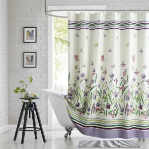 Fabric Shower Curtain, Butterfly Garden Flower Plant Shower Curtains for Bathroom, Purple and Cream Floral Bathroom Curtains, 72" W x 72" H