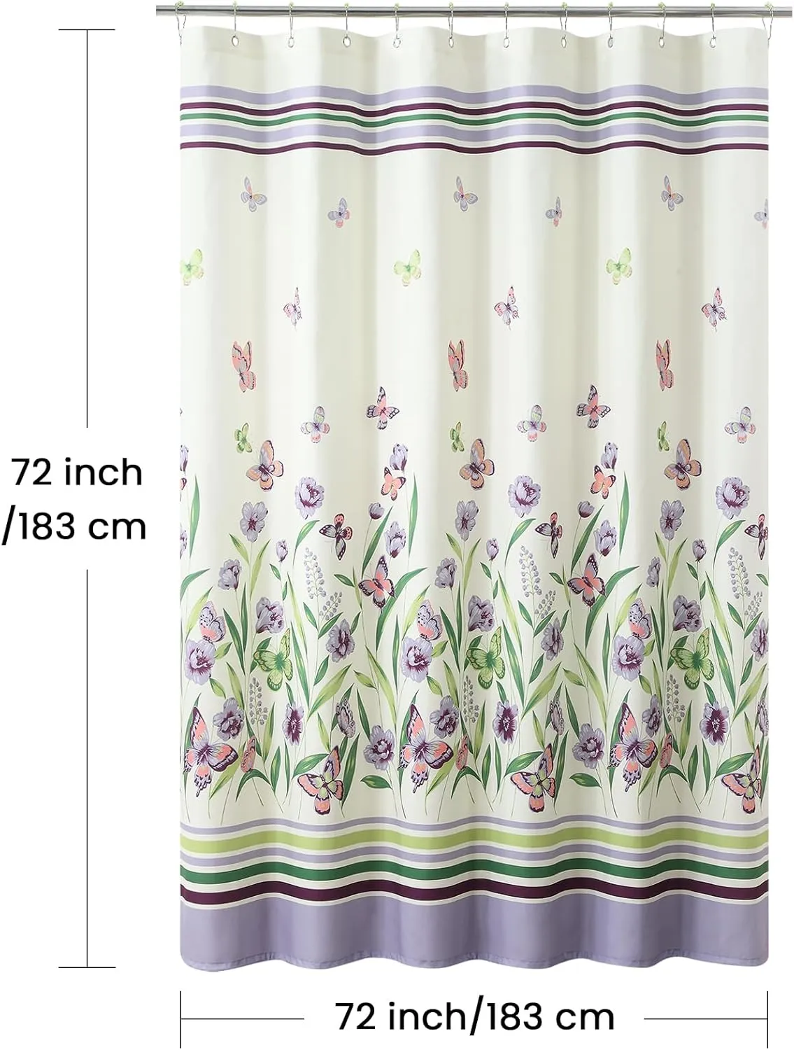 Fabric Shower Curtain, Butterfly Garden Flower Plant Shower Curtains for Bathroom, Purple and Cream Floral Bathroom Curtains, 72" W x 72" H