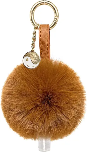 Faux Fur Fluffy large Pom Pom Keychain cosmetic bottle holder. Refillable. Clips on any Backpack or Purse.