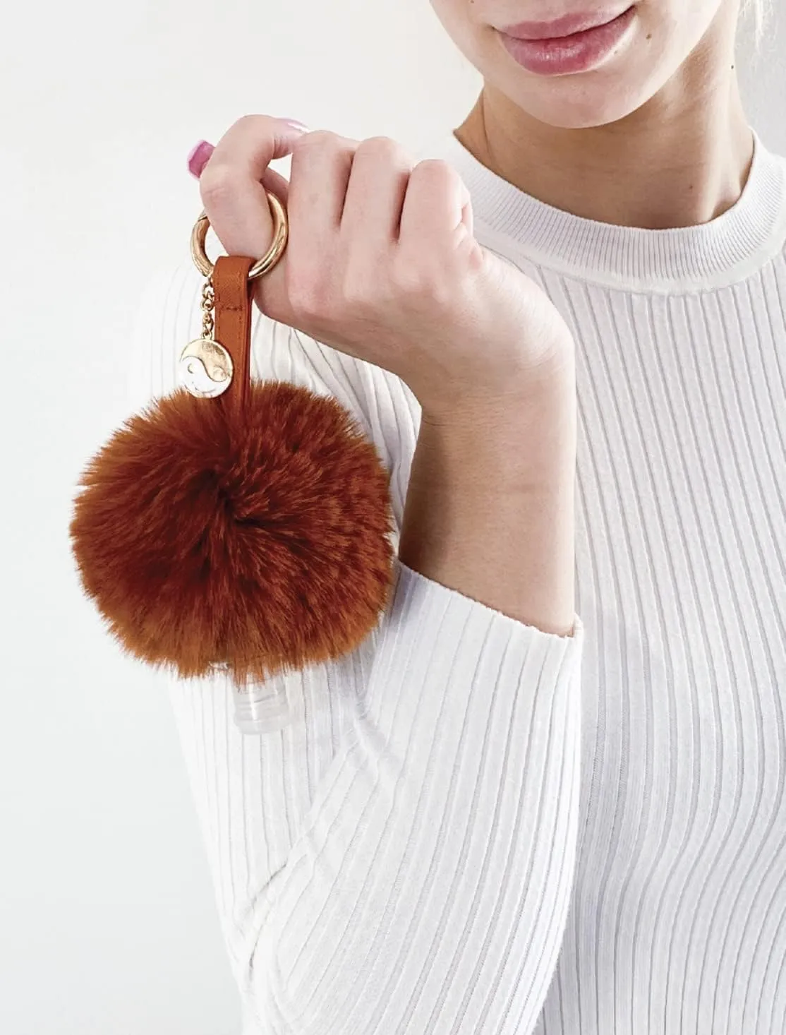 Faux Fur Fluffy large Pom Pom Keychain cosmetic bottle holder. Refillable. Clips on any Backpack or Purse.