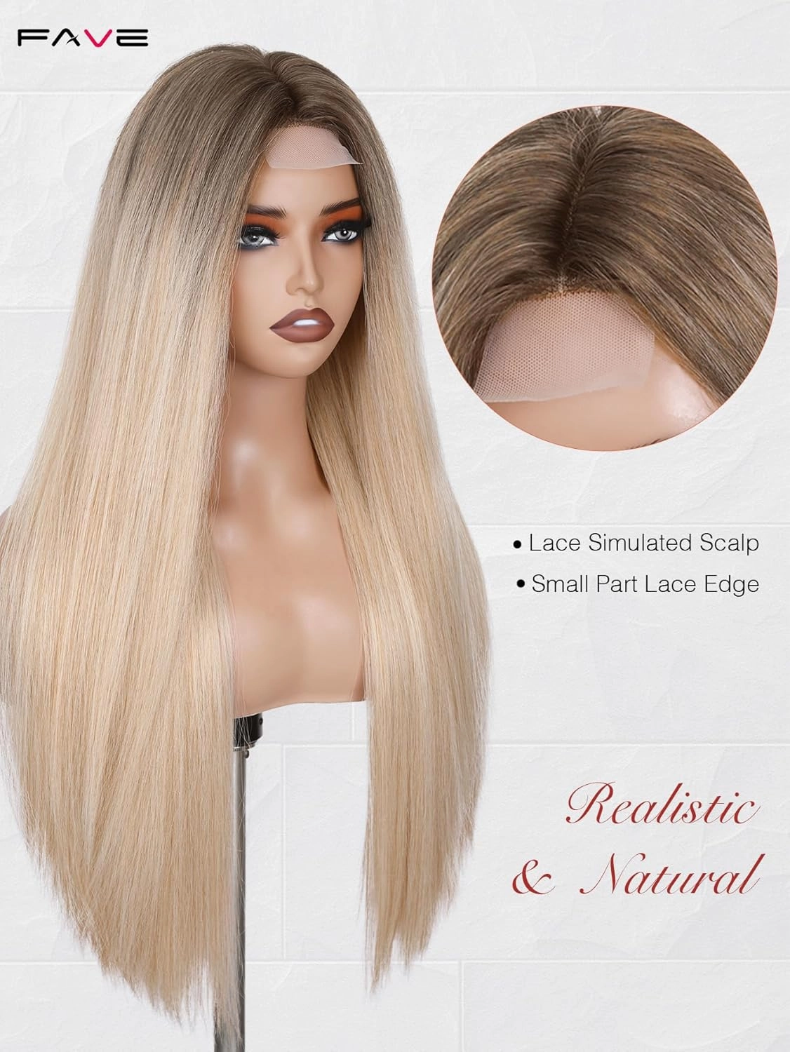 FAVE Ash Blonde Wig Straight Ombre Blonde Wigs for Women,26 Inch Middle Part Long Blonde Wig High-Resistant Synthetic Wig for Daily Use