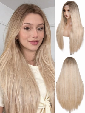 FAVE Ash Blonde Wig Straight Ombre Blonde Wigs for Women,26 Inch Middle Part Long Blonde Wig High-Resistant Synthetic Wig for Daily Use