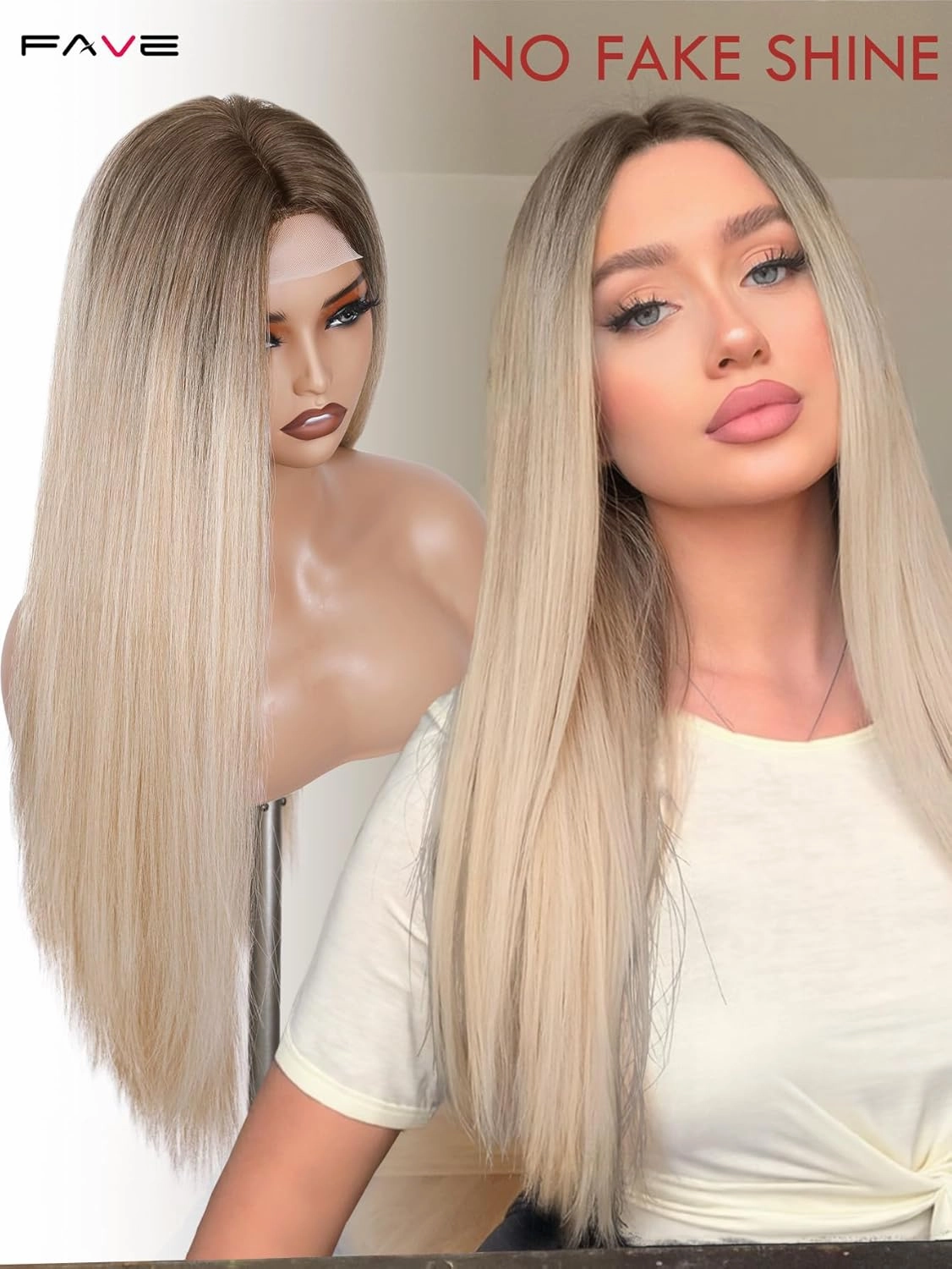 FAVE Ash Blonde Wig Straight Ombre Blonde Wigs for Women,26 Inch Middle Part Long Blonde Wig High-Resistant Synthetic Wig for Daily Use