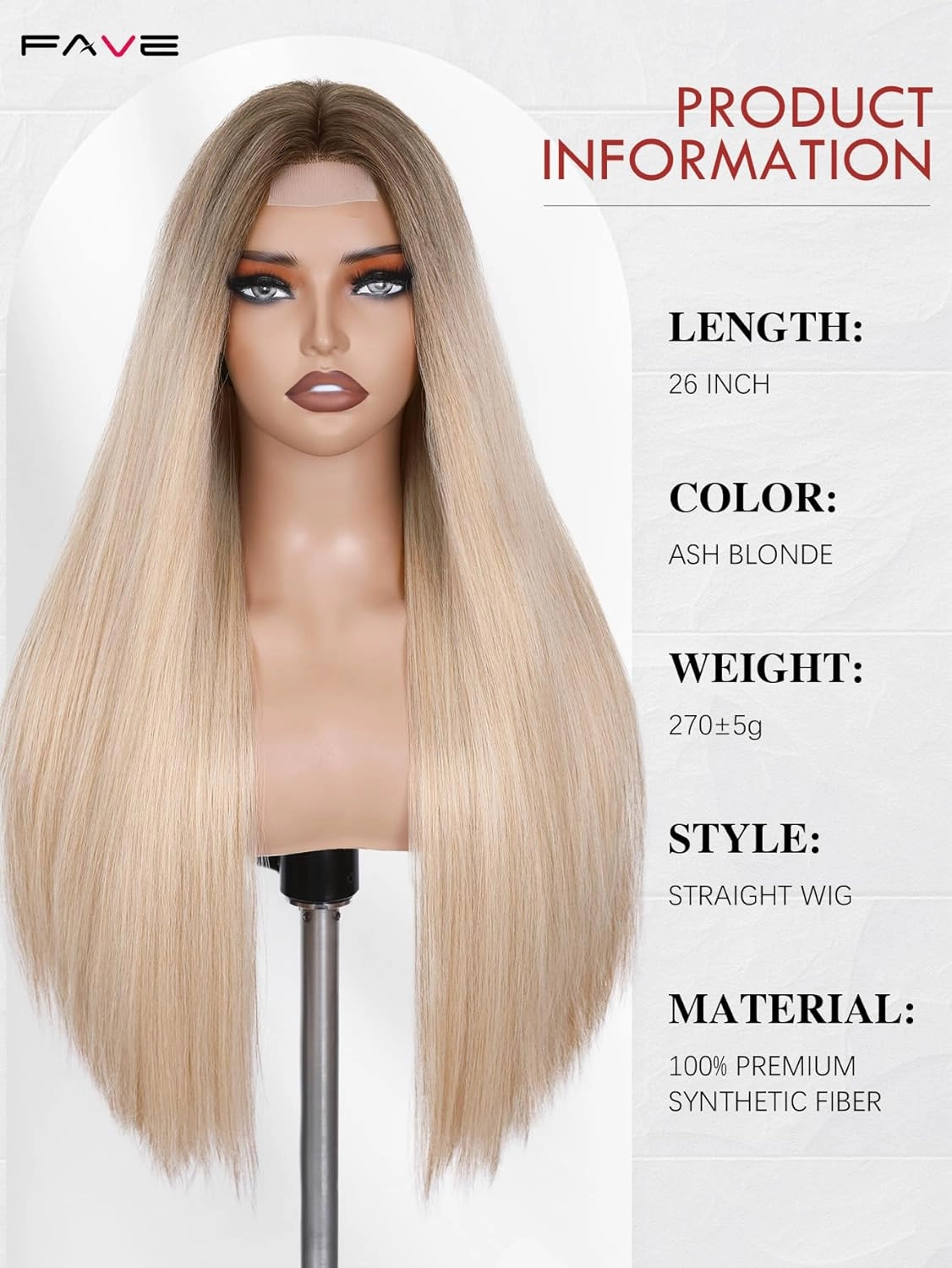 FAVE Ash Blonde Wig Straight Ombre Blonde Wigs for Women,26 Inch Middle Part Long Blonde Wig High-Resistant Synthetic Wig for Daily Use