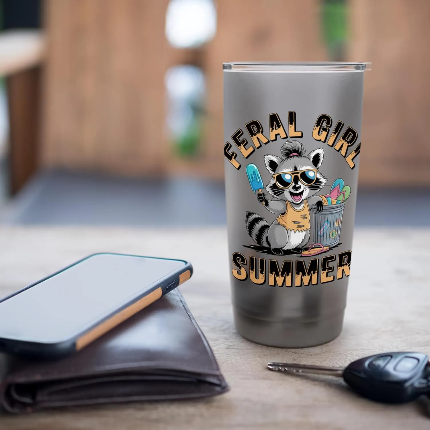 Feral Girl Summer Funny Raccoon Chaos Trash Vibes Ice Cream Stainless Steel Insulated Tumbler
