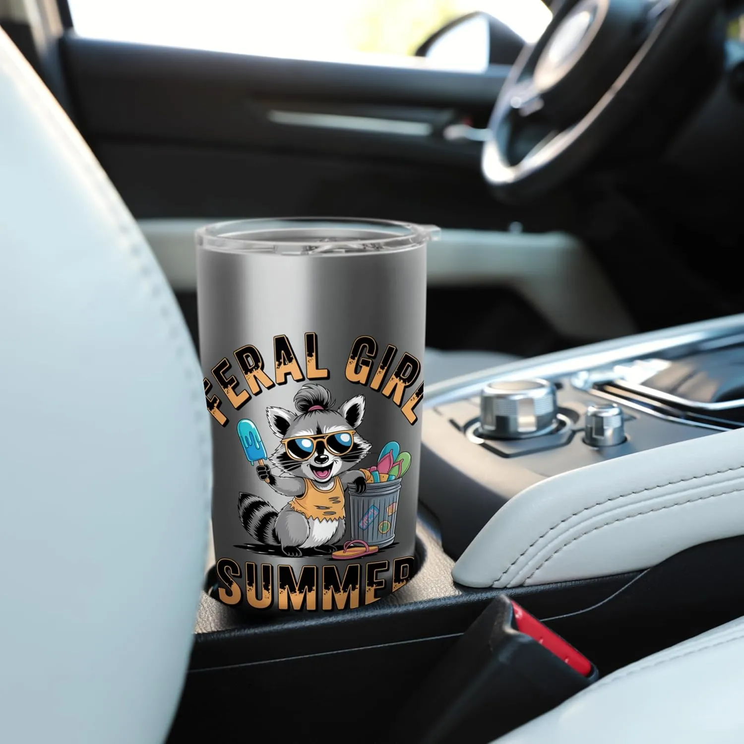 Feral Girl Summer Funny Raccoon Chaos Trash Vibes Ice Cream Stainless Steel Insulated Tumbler