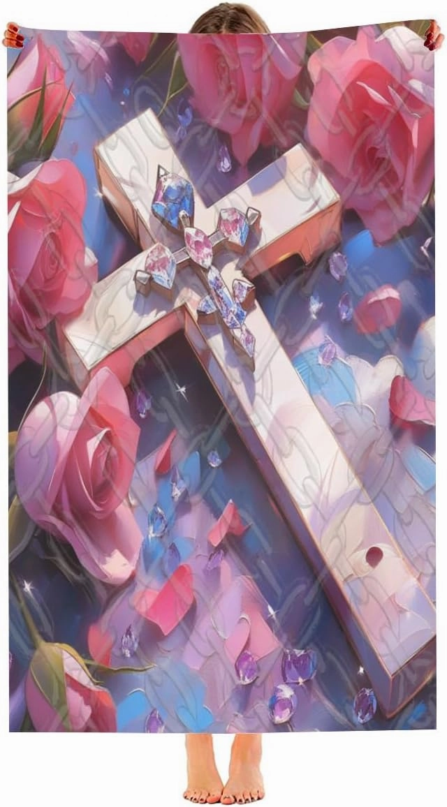 Floral Cross with Jewels Beach Towel 30x60 Inch – Spiritual Symbol Surrounded by Radiant Gems and Roses, Lightweight Blanket for Summer Escapes
