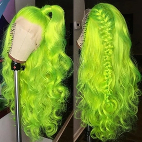 Fluorescent Green Synthetic Lace Front Wigs for Women 24 Inch Long Wavy Hair Bright Neon Green Lace Front Wigs Pre Plucked Heat Resistant Fiber Hair Party Cosplay Wig