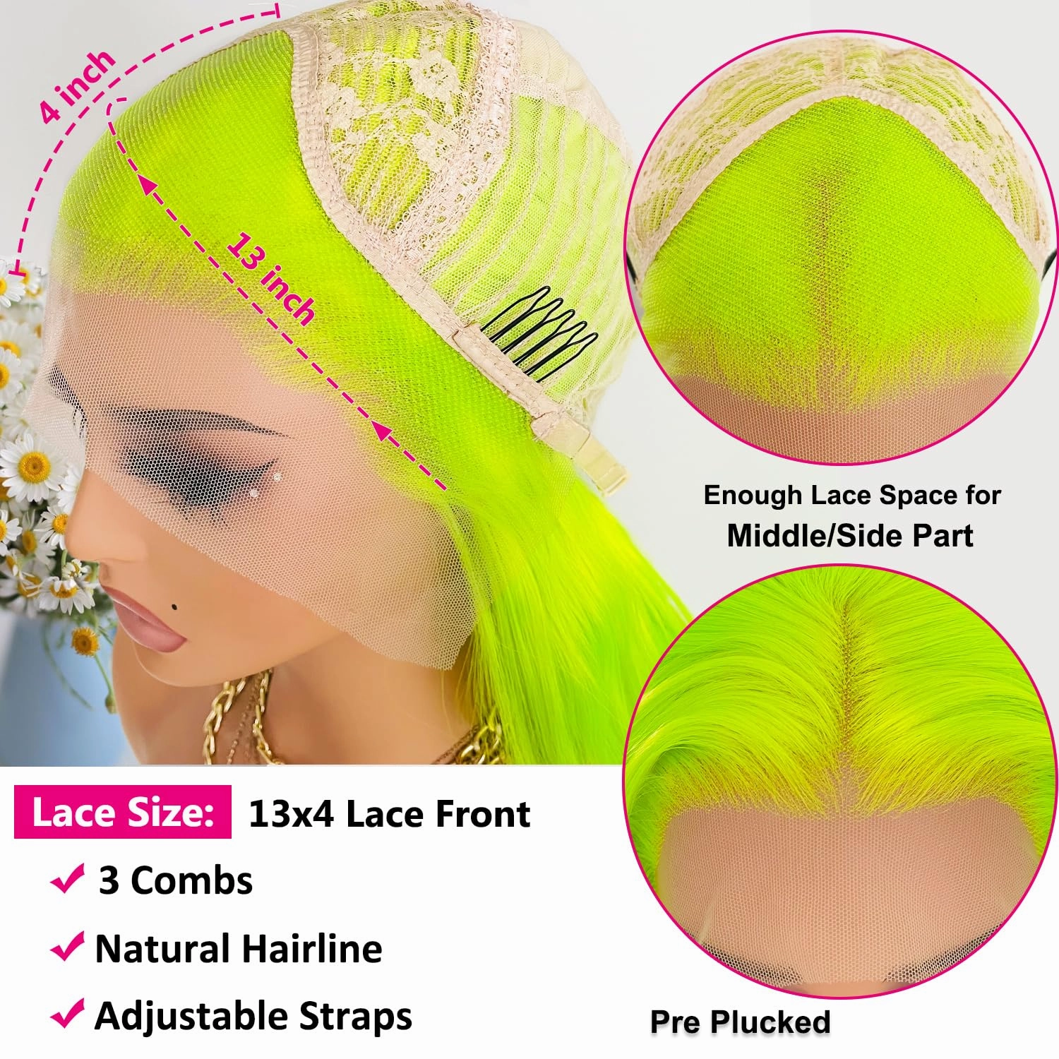Fluorescent Green Synthetic Lace Front Wigs for Women 24 Inch Long Wavy Hair Bright Neon Green Lace Front Wigs Pre Plucked Heat Resistant Fiber Hair Party Cosplay Wig