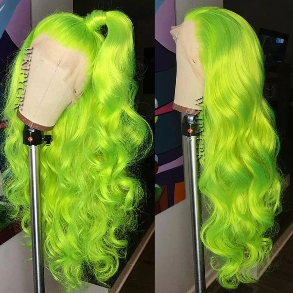 Fluorescent Green Synthetic Lace Front Wigs for Women 24 Inch Long Wavy Hair Bright Neon Green Lace Front Wigs Pre Plucked Heat Resistant Fiber Hair Party Cosplay Wig