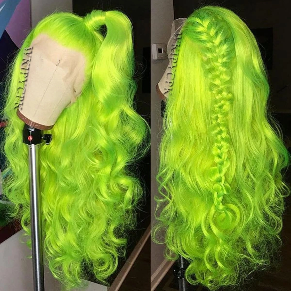 Fluorescent Green Synthetic Lace Front Wigs for Women 24 Inch Long Wavy Hair Bright Neon Green Lace Front Wigs Pre Plucked Heat Resistant Fiber Hair Party Cosplay Wig