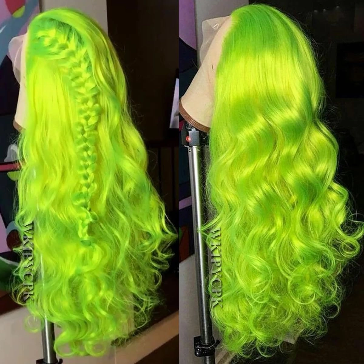 Fluorescent Green Synthetic Lace Front Wigs for Women 24 Inch Long Wavy Hair Bright Neon Green Lace Front Wigs Pre Plucked Heat Resistant Fiber Hair Party Cosplay Wig