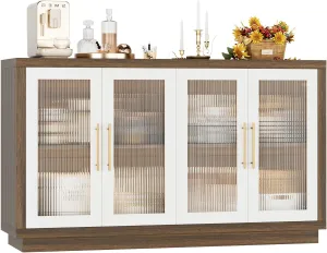 FOTOSOK Buffet Cabinet with Storage, 55.1" Large Sideboard Buffet Cabinet, Modern Sideboard Kitchen Cabinet with 4 Fluted Glass Doors, Wood Coffee Bar Cabinet Buffet Table for Kitchen, White/Brown