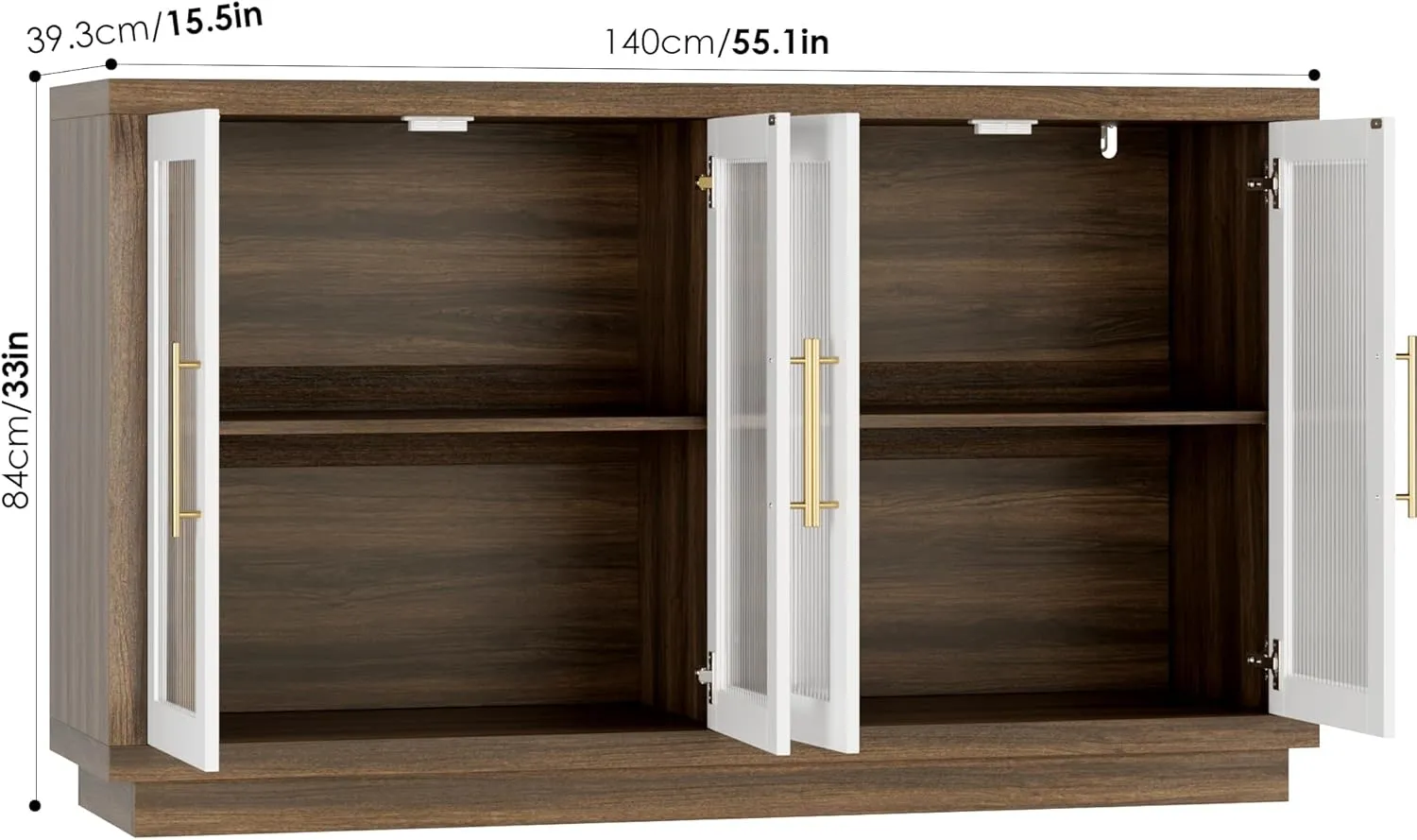 FOTOSOK Buffet Cabinet with Storage, 55.1" Large Sideboard Buffet Cabinet, Modern Sideboard Kitchen Cabinet with 4 Fluted Glass Doors, Wood Coffee Bar Cabinet Buffet Table for Kitchen, White/Brown