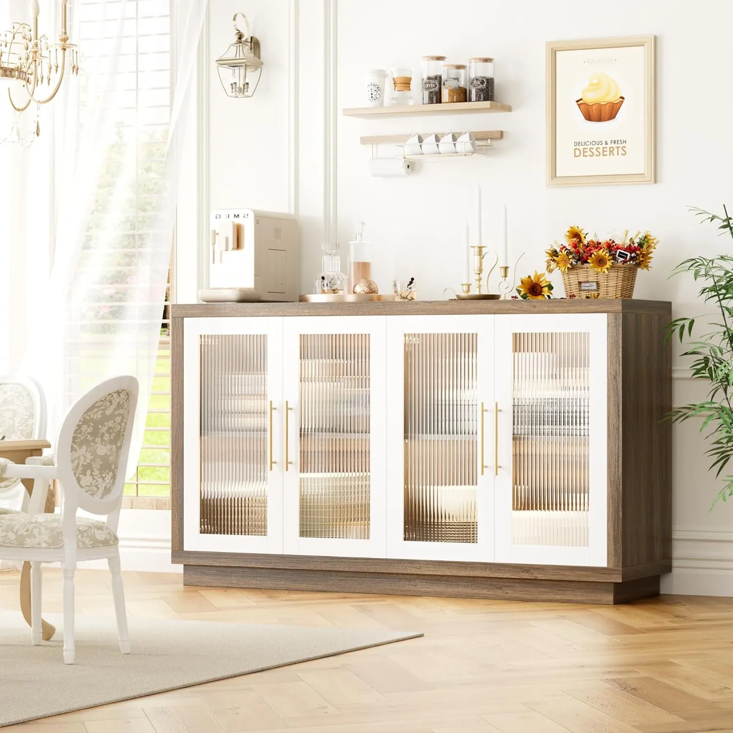 FOTOSOK Buffet Cabinet with Storage, 55.1" Large Sideboard Buffet Cabinet, Modern Sideboard Kitchen Cabinet with 4 Fluted Glass Doors, Wood Coffee Bar Cabinet Buffet Table for Kitchen, White/Brown