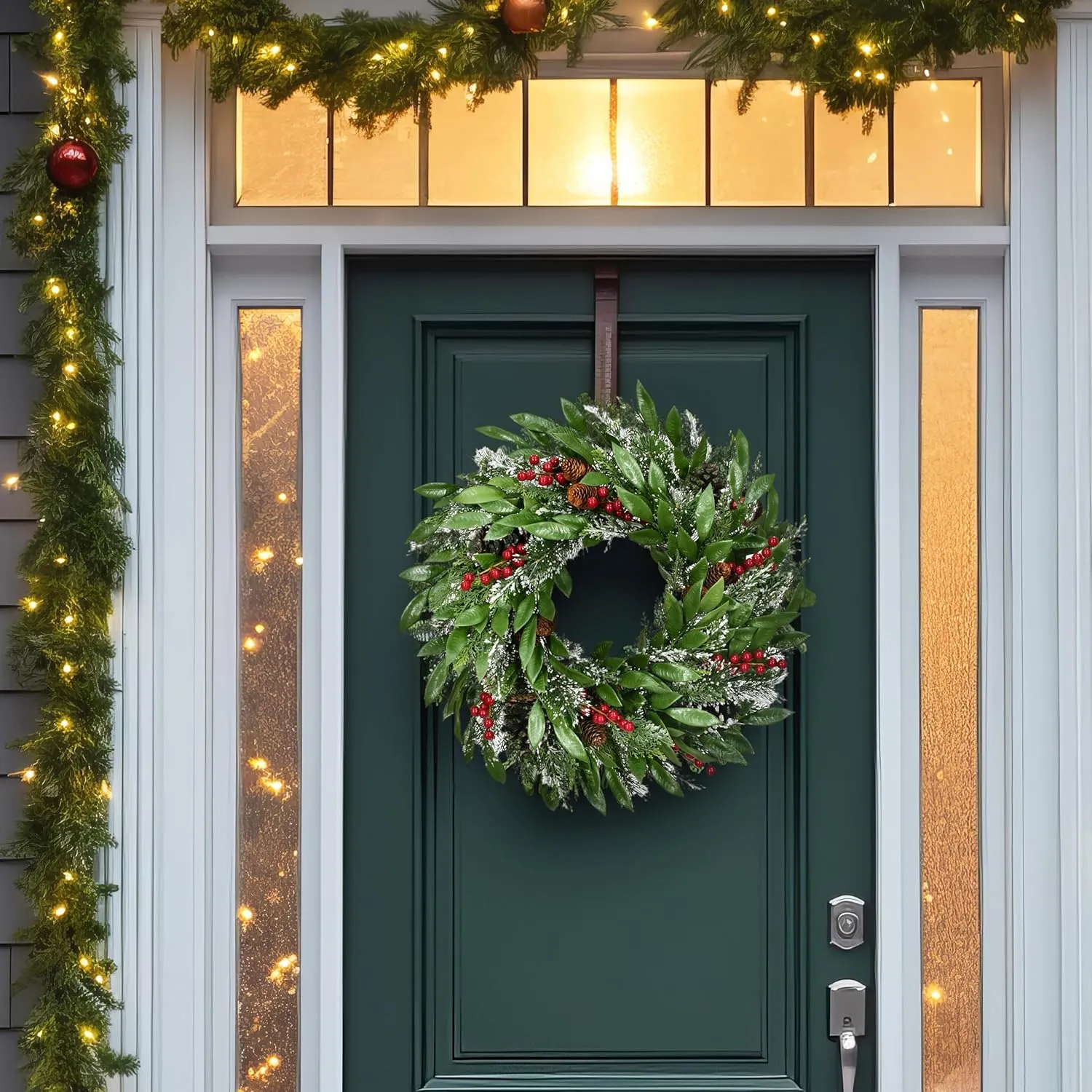 Fraser Hill Farm 25-in. Mixed Leaf Wreath Decor with Red Berries and Pinecones, Perfect Christmas Decoration for Walls, Front Doors, and Fireplace Mantles