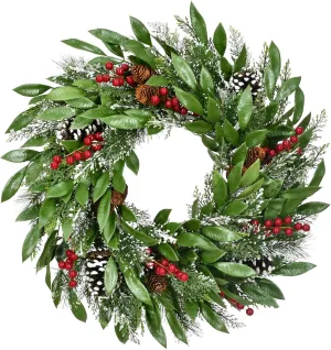 Fraser Hill Farm 25-in. Mixed Leaf Wreath Decor with Red Berries and Pinecones, Perfect Christmas Decoration for Walls, Front Doors, and Fireplace Mantles