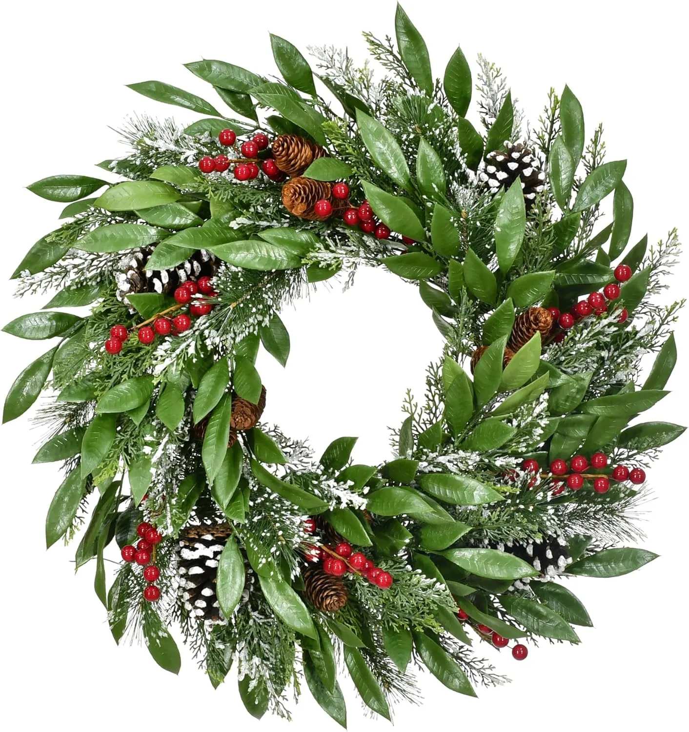 Fraser Hill Farm 25-in. Mixed Leaf Wreath Decor with Red Berries and Pinecones, Perfect Christmas Decoration for Walls, Front Doors, and Fireplace Mantles