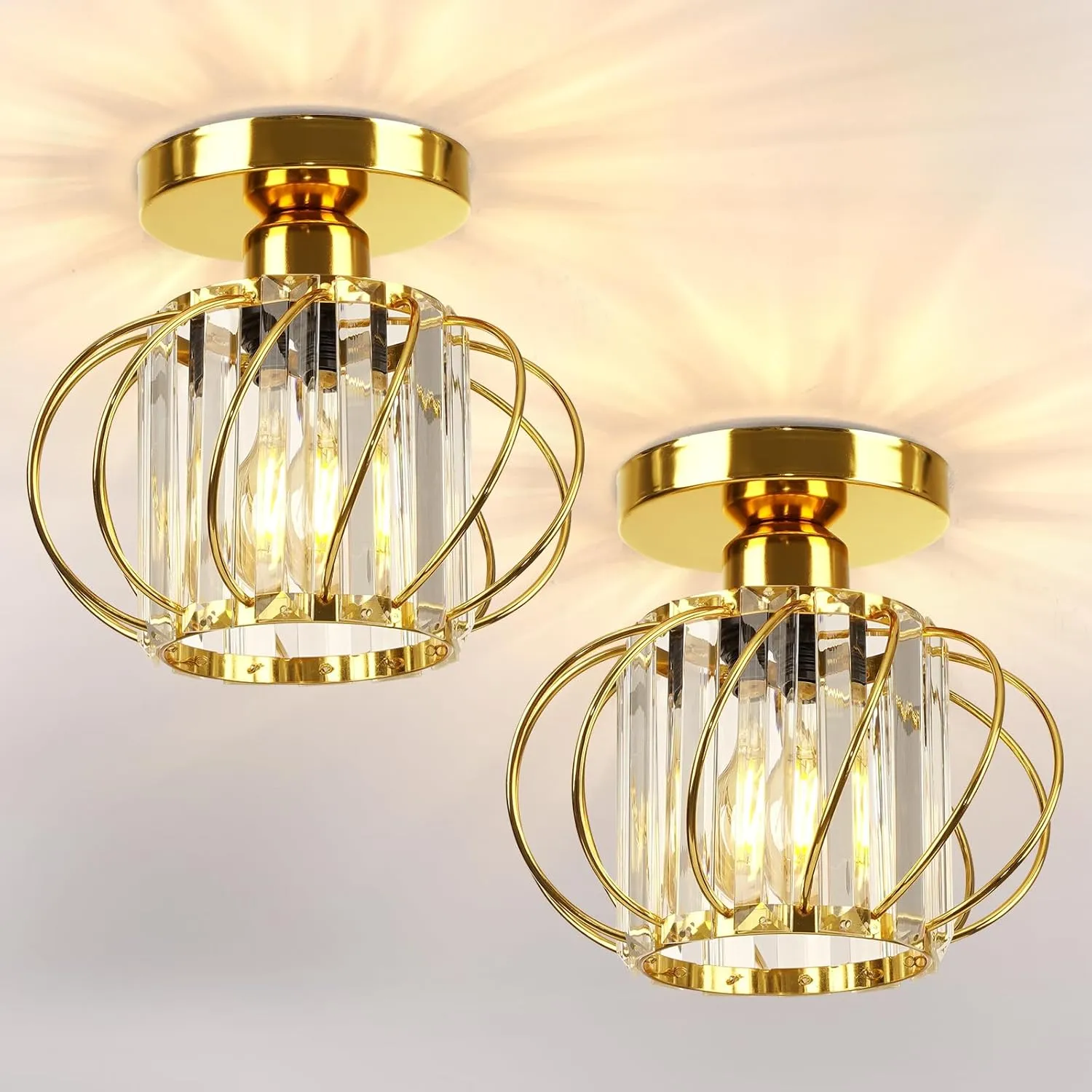 FRIDEKO HOME 2 Pack Crystal Ceiling Light Fixture - Modern Semi Flush Mount Ceiling Light Mini Crystal Chandelier Hallway Light Fixtures for Entryway Kitchen Living Room - Gold