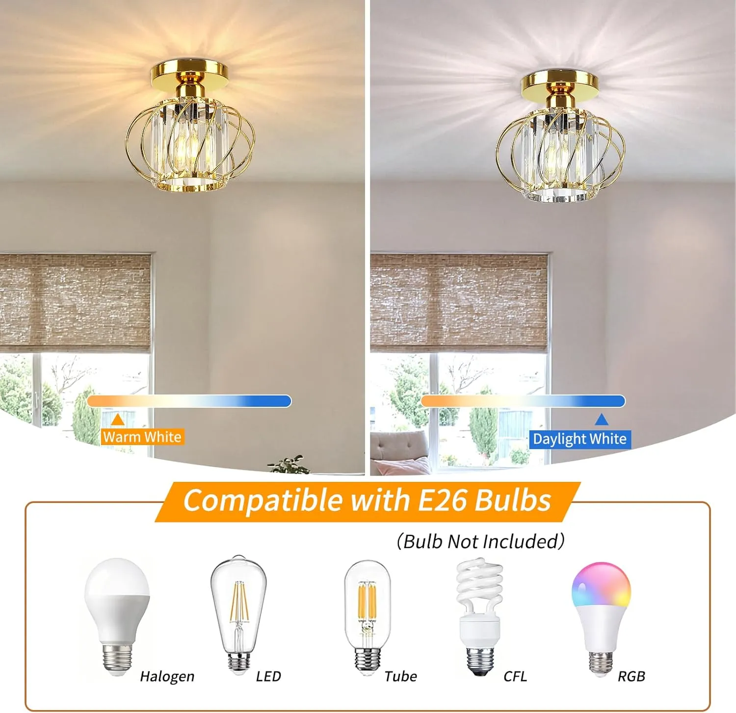 FRIDEKO HOME 2 Pack Crystal Ceiling Light Fixture - Modern Semi Flush Mount Ceiling Light Mini Crystal Chandelier Hallway Light Fixtures for Entryway Kitchen Living Room - Gold