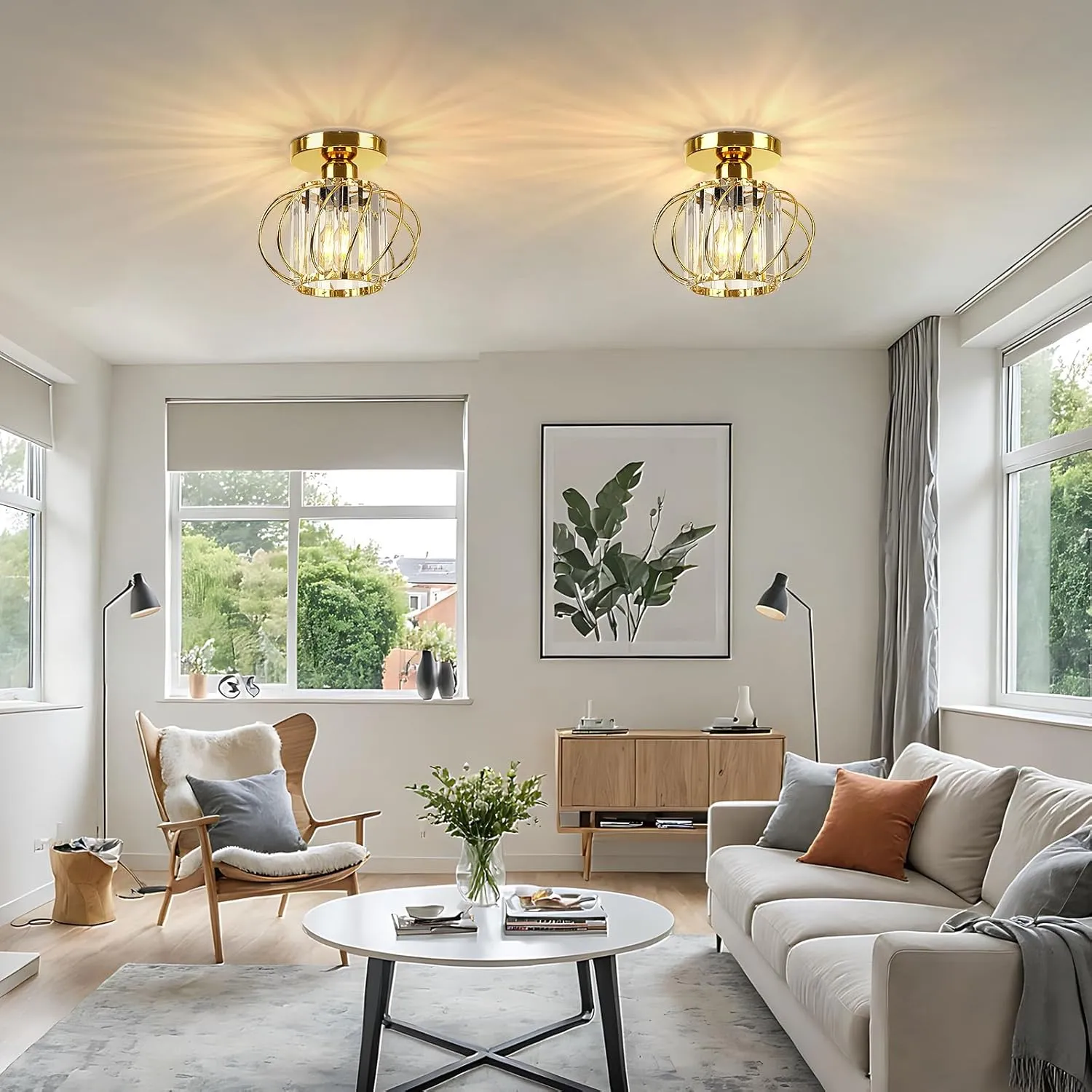 FRIDEKO HOME 2 Pack Crystal Ceiling Light Fixture - Modern Semi Flush Mount Ceiling Light Mini Crystal Chandelier Hallway Light Fixtures for Entryway Kitchen Living Room - Gold