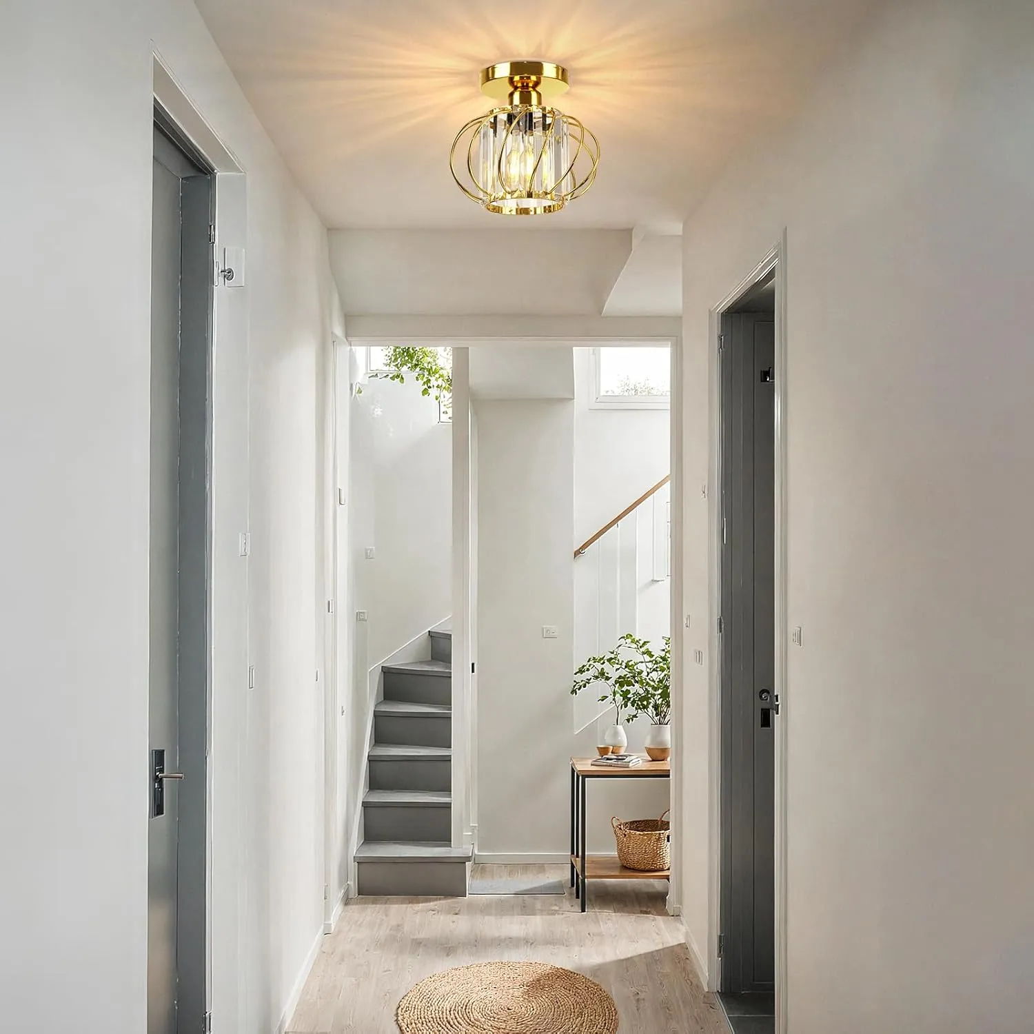 FRIDEKO HOME 2 Pack Crystal Ceiling Light Fixture - Modern Semi Flush Mount Ceiling Light Mini Crystal Chandelier Hallway Light Fixtures for Entryway Kitchen Living Room - Gold