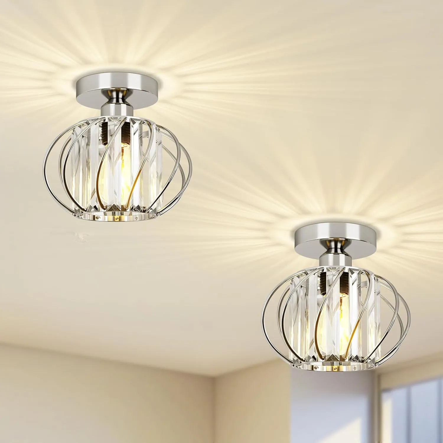 FRIDEKO HOME 2 Pack Crystal Ceiling Light - Modern Semi Flush Mount Ceiling Light Mini Crystal Chandelier Hallway Light Fixtures for Entryway Kitchen Living Room - Chrome