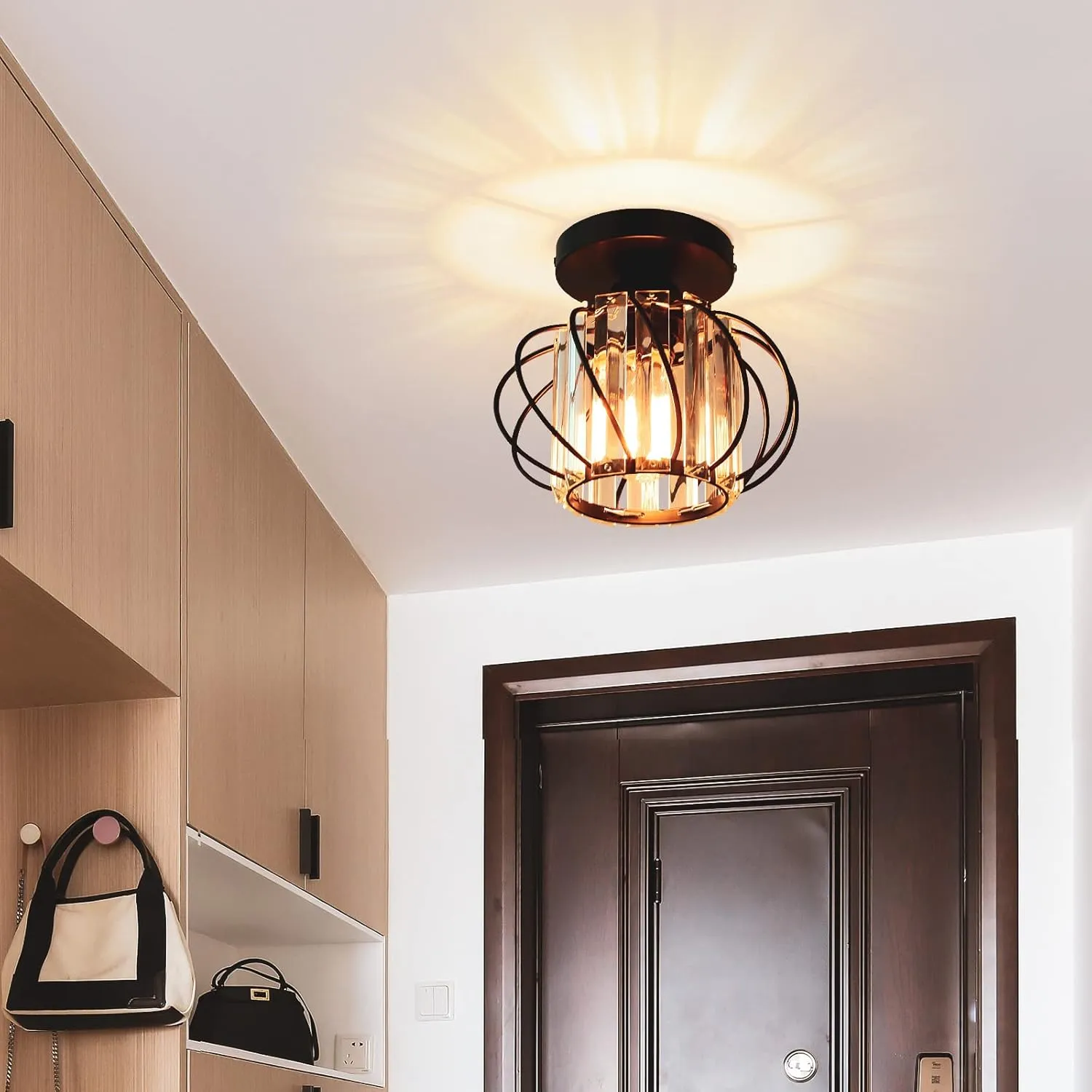 FRIDEKO HOME 2-Pack Semi Flush Mount Ceiling Light - Small Crystal Chandelier Hallway Black Metal Cage Modern Light Fixture for Entryway Bedroom Porch Kitchen