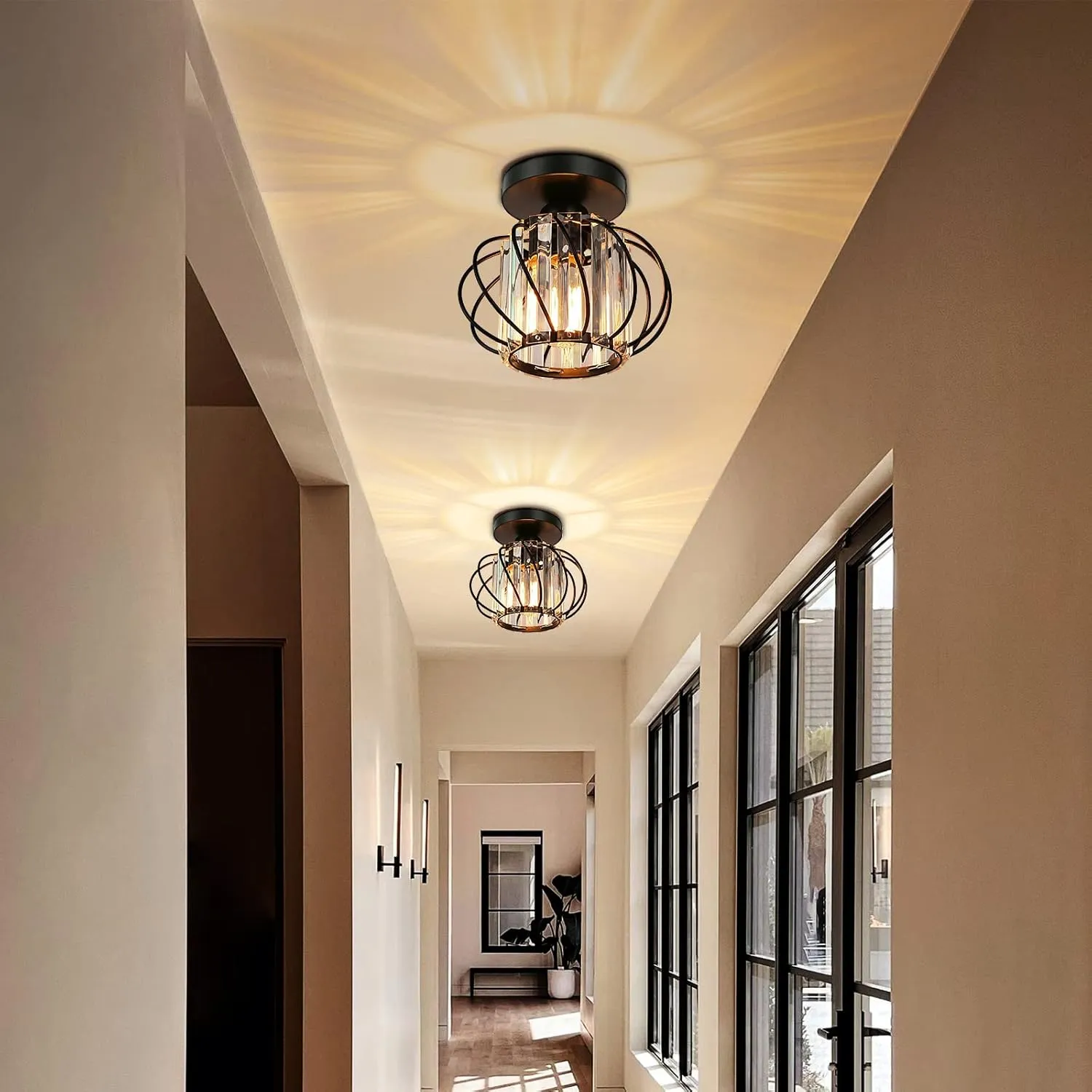 FRIDEKO HOME 2-Pack Semi Flush Mount Ceiling Light - Small Crystal Chandelier Hallway Black Metal Cage Modern Light Fixture for Entryway Bedroom Porch Kitchen