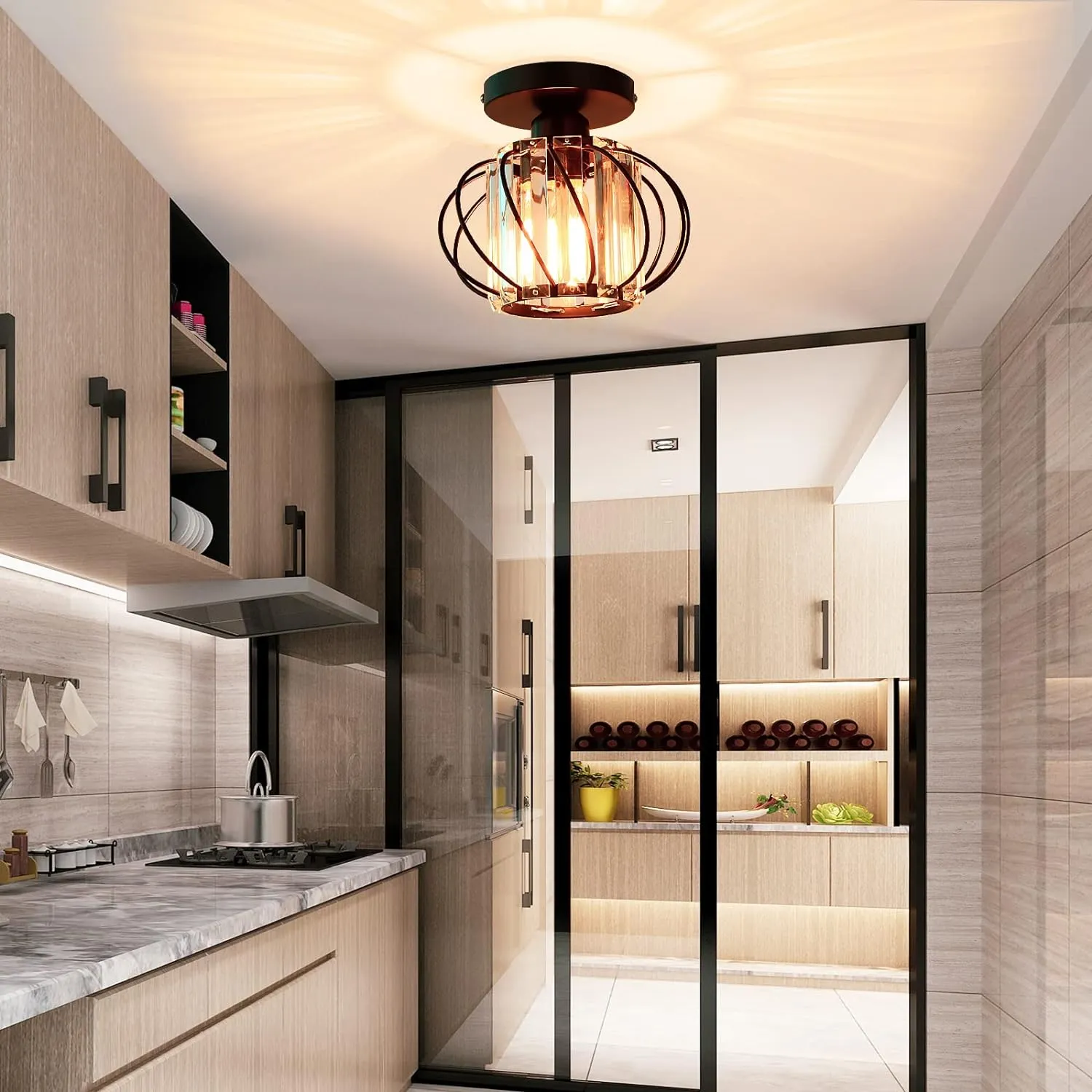 FRIDEKO HOME 2-Pack Semi Flush Mount Ceiling Light - Small Crystal Chandelier Hallway Black Metal Cage Modern Light Fixture for Entryway Bedroom Porch Kitchen