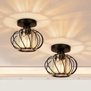 FRIDEKO HOME 2-Pack Semi Flush Mount Ceiling Light - Small Crystal Chandelier Hallway Black Metal Cage Modern Light Fixture for Entryway Bedroom Porch Kitchen