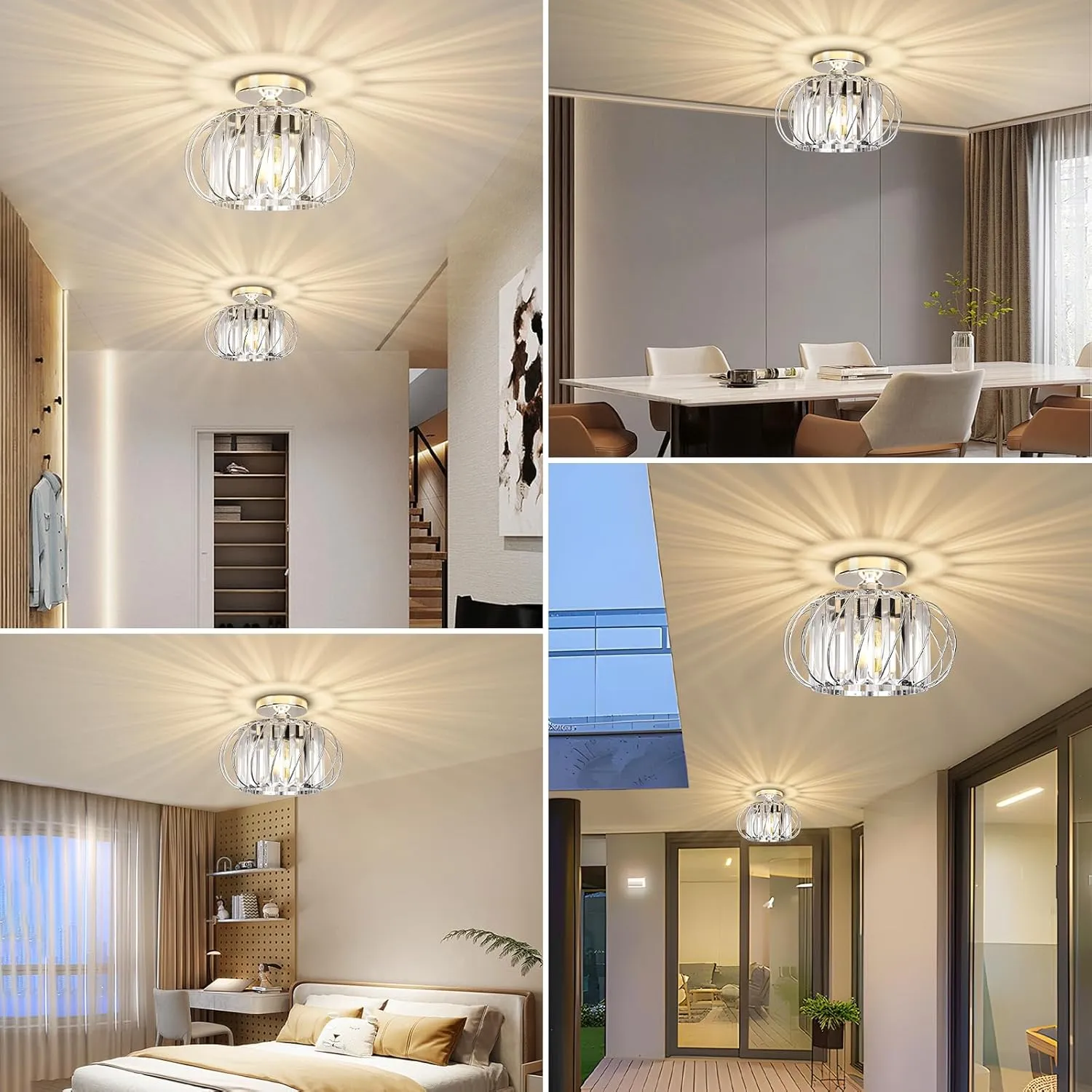 FRIDEKO HOME Crystal Semi Flush Mount Ceiling Light - Chandelier Hallway Light Fixtures Modern Ceiling Light Fixture for Bedroom Porch Kitchen Entryway - Chrome