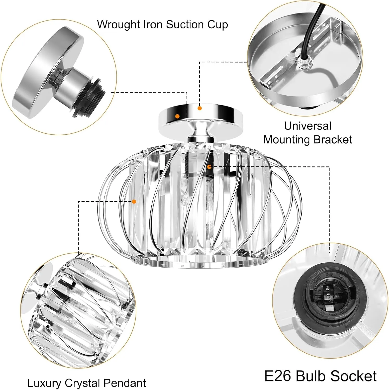 FRIDEKO HOME Crystal Semi Flush Mount Ceiling Light - Chandelier Hallway Light Fixtures Modern Ceiling Light Fixture for Bedroom Porch Kitchen Entryway - Chrome