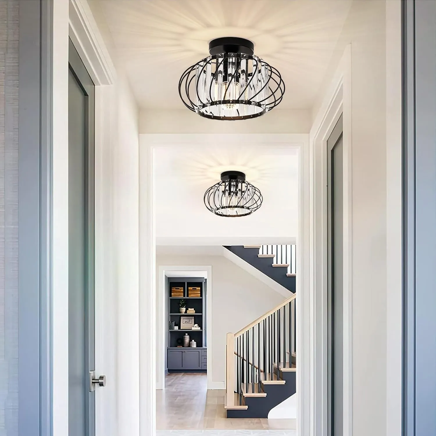 FRIDEKO HOME Semi Flush Mount Ceiling Light - Crystal Chandelier Hallway Lighting Fixtures Ceiling Black Modern Ceiling Light Fixture for Bedroom Porch Kitchen Entryway