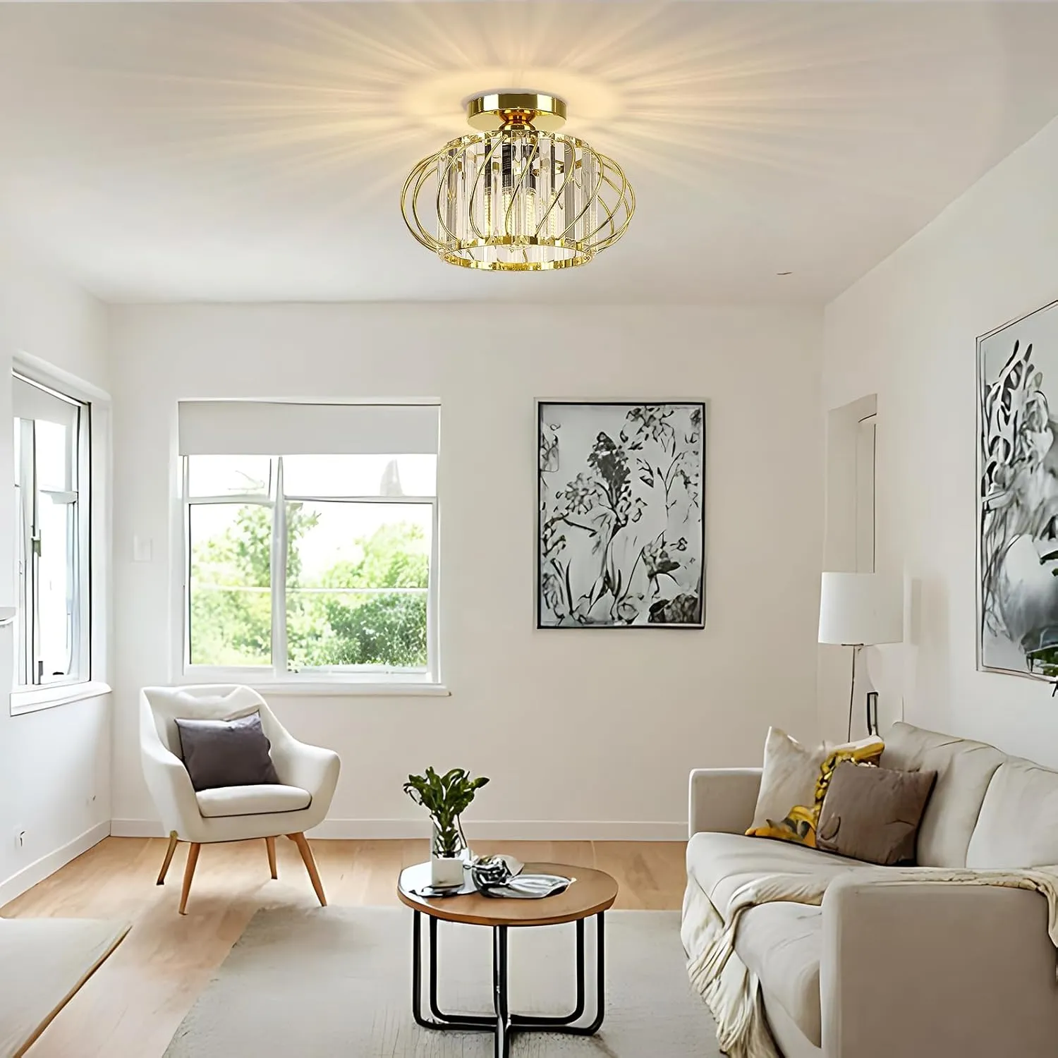 FRIDEKO HOME Semi Flush Mount Ceiling Light - Crystal Chandelier Hallway Lighting Fixtures Ceiling Gold Ceiling Light Fixture for Bedroom Porch Kitchen Entryway