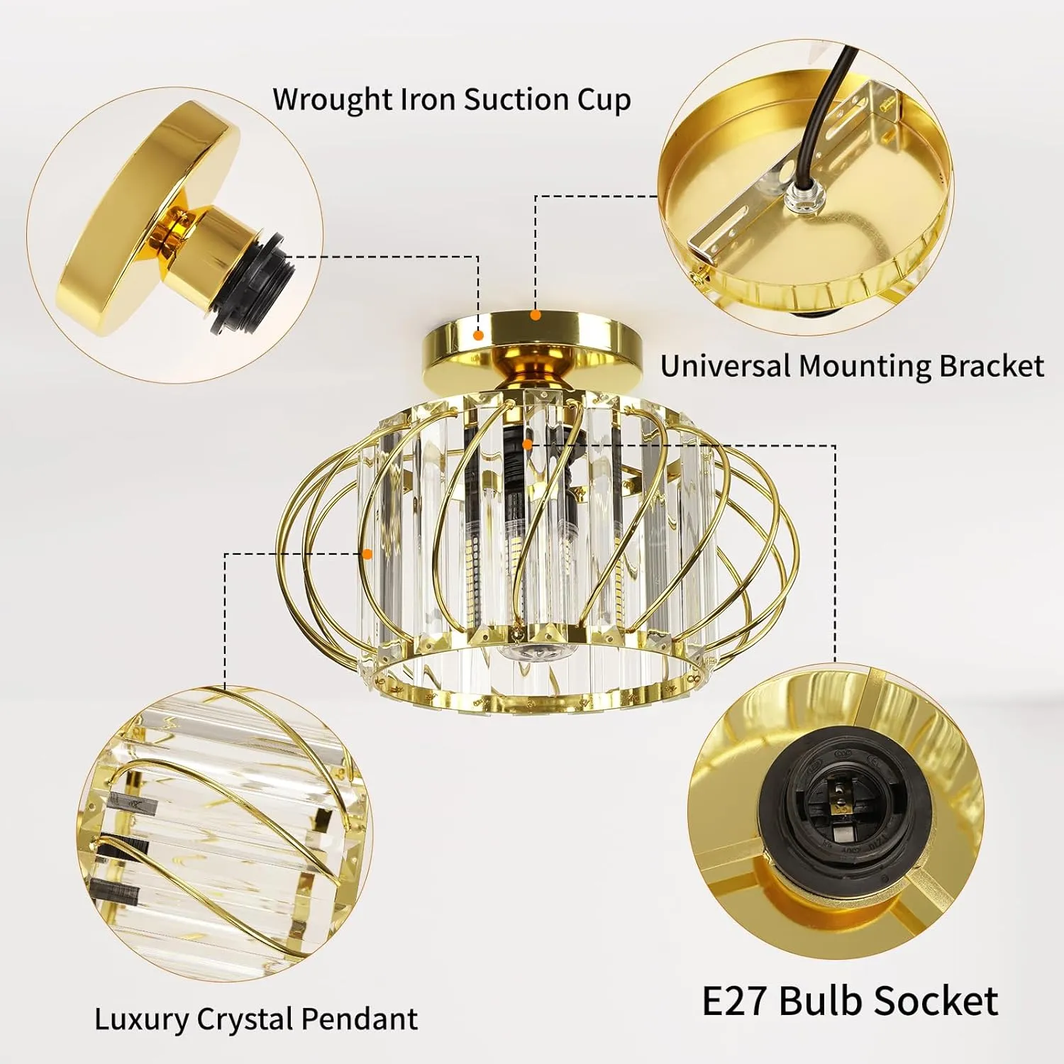 FRIDEKO HOME Semi Flush Mount Ceiling Light - Crystal Chandelier Hallway Lighting Fixtures Ceiling Gold Ceiling Light Fixture for Bedroom Porch Kitchen Entryway