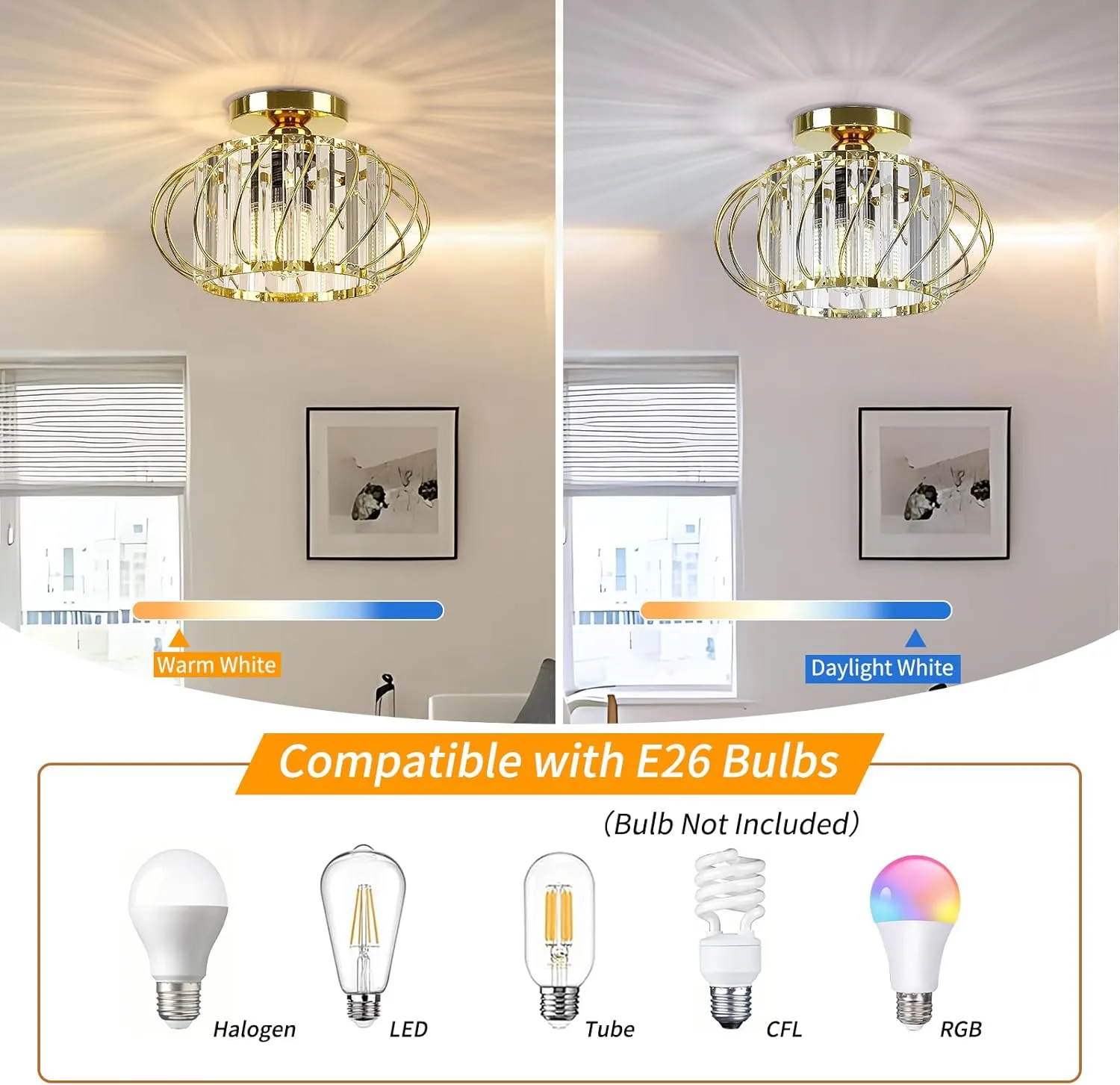 FRIDEKO HOME Semi Flush Mount Ceiling Light - Crystal Chandelier Hallway Lighting Fixtures Ceiling Gold Ceiling Light Fixture for Bedroom Porch Kitchen Entryway