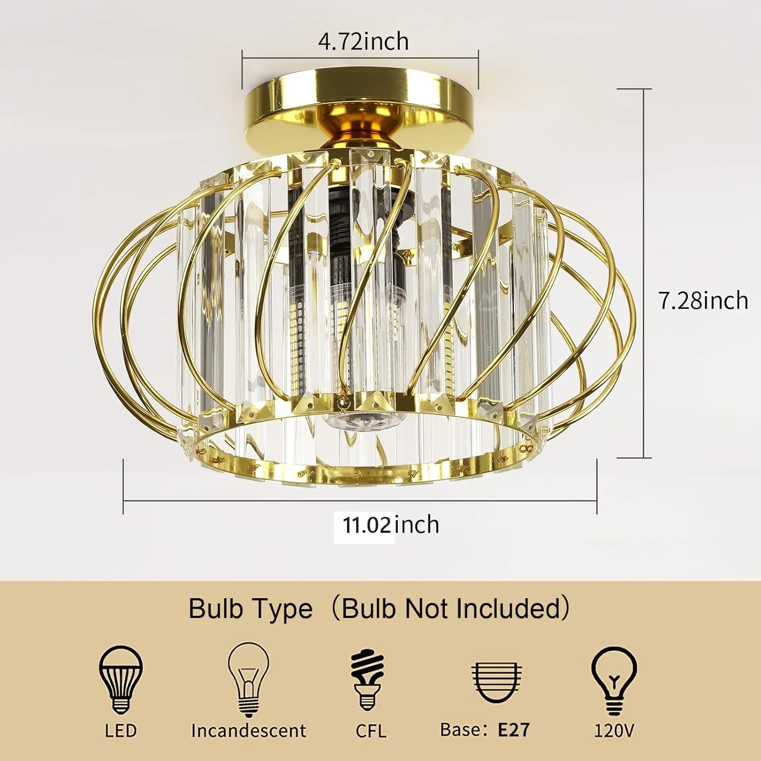 FRIDEKO HOME Semi Flush Mount Ceiling Light - Crystal Chandelier Hallway Lighting Fixtures Ceiling Gold Ceiling Light Fixture for Bedroom Porch Kitchen Entryway