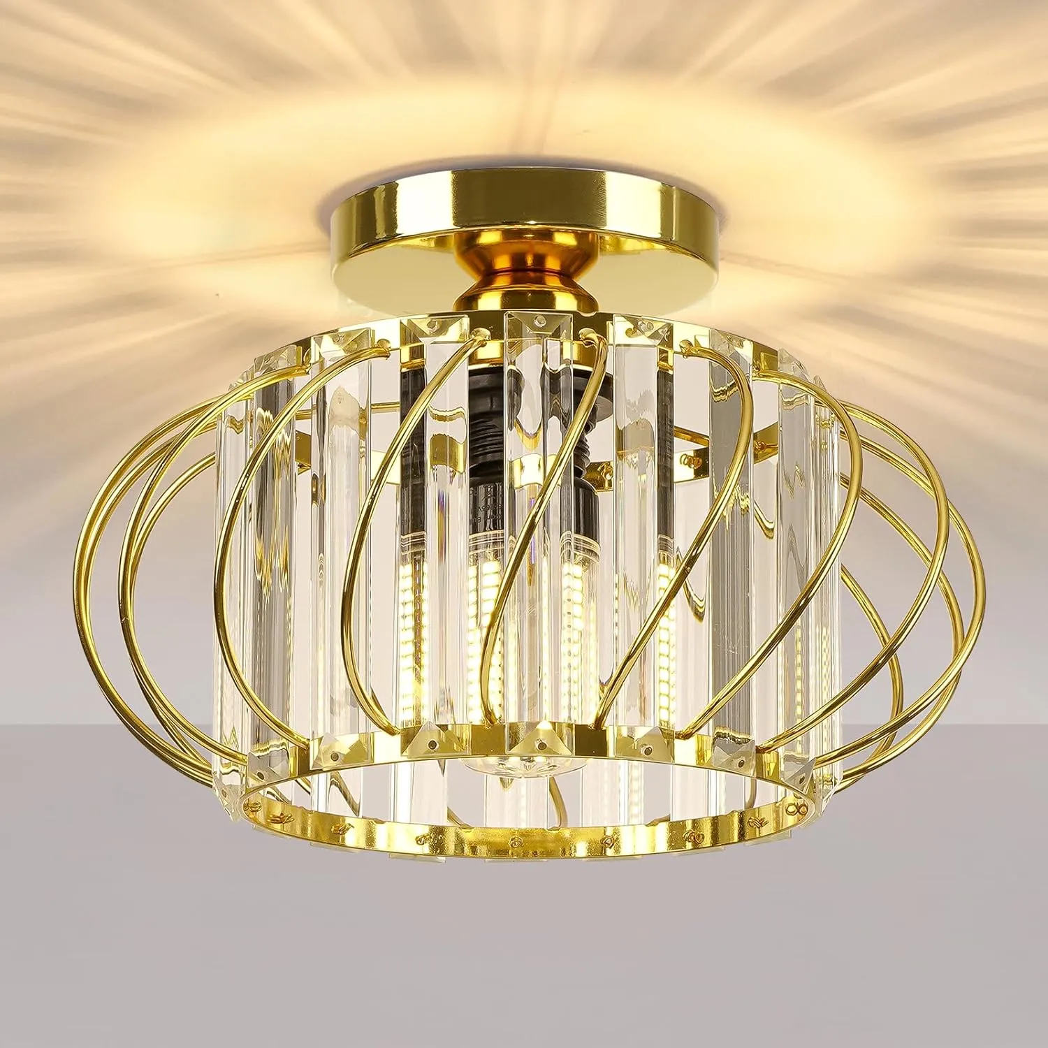 FRIDEKO HOME Semi Flush Mount Ceiling Light - Crystal Chandelier Hallway Lighting Fixtures Ceiling Gold Ceiling Light Fixture for Bedroom Porch Kitchen Entryway