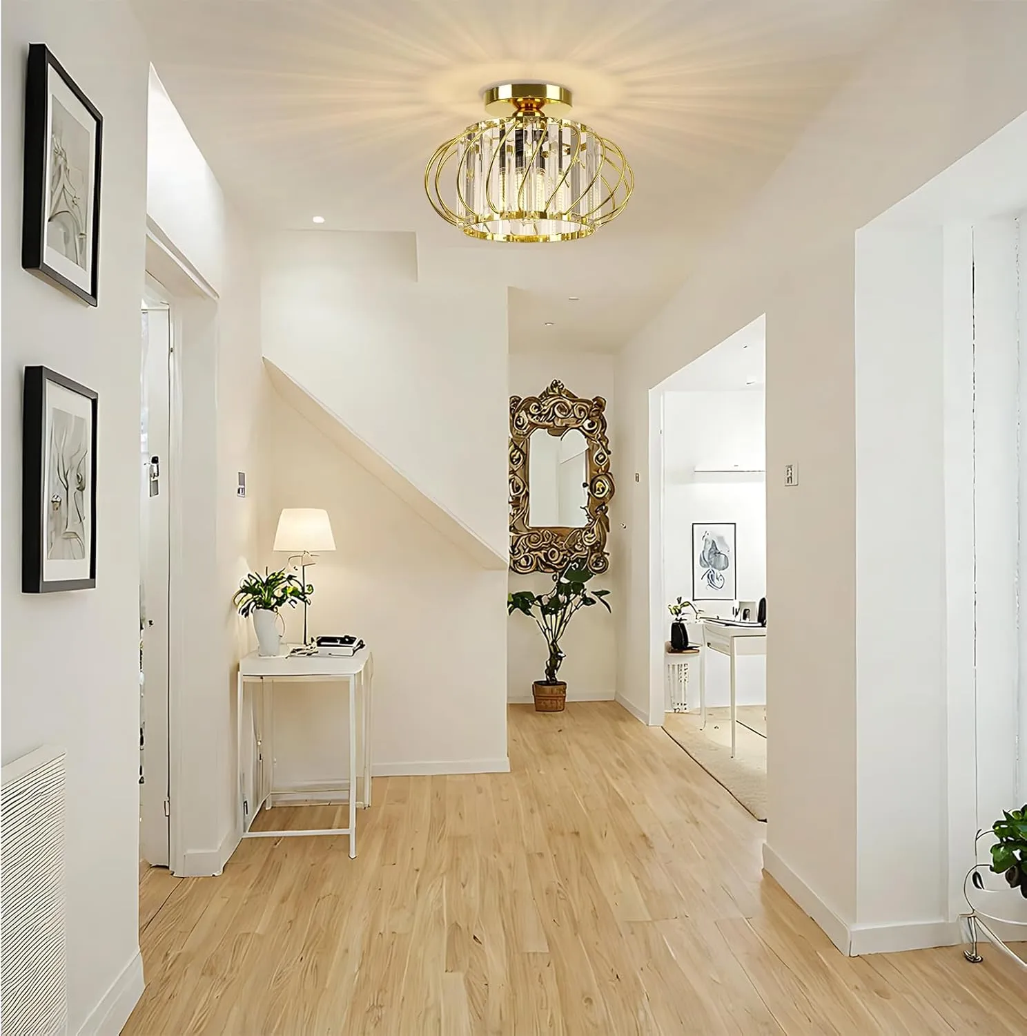 FRIDEKO HOME Semi Flush Mount Ceiling Light - Crystal Chandelier Hallway Lighting Fixtures Ceiling Gold Ceiling Light Fixture for Bedroom Porch Kitchen Entryway