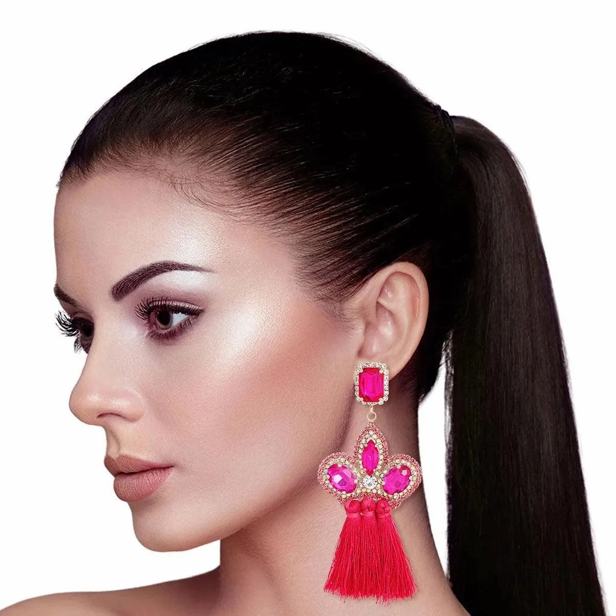 Fuchsia Jewel Tassel Drop Fashion Earrings - Shop Now!