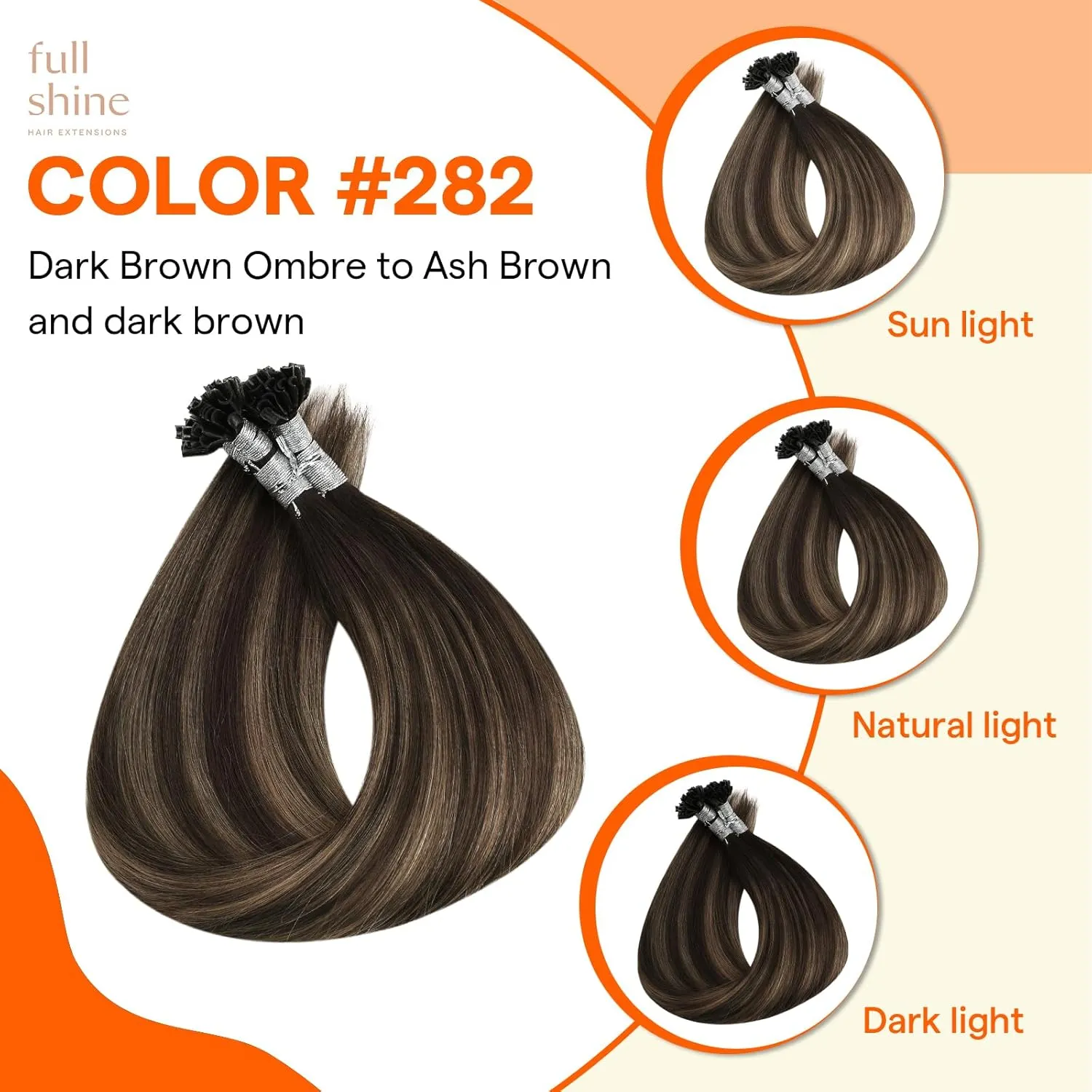 Full Shine Balayage Brown Extensions U Tip Human Hair 22 Inch Long Straight Remy Hair Color 2 Darkest Brown Ombre 8 Ash Brown Highlight 2 Brown Ktip Extensions 50G/50S For Women