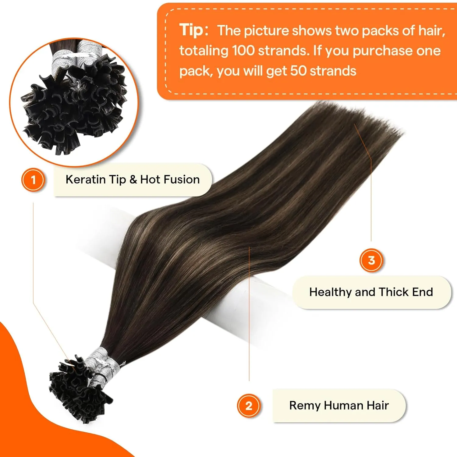 Full Shine Balayage Brown Extensions U Tip Human Hair 22 Inch Long Straight Remy Hair Color 2 Darkest Brown Ombre 8 Ash Brown Highlight 2 Brown Ktip Extensions 50G/50S For Women