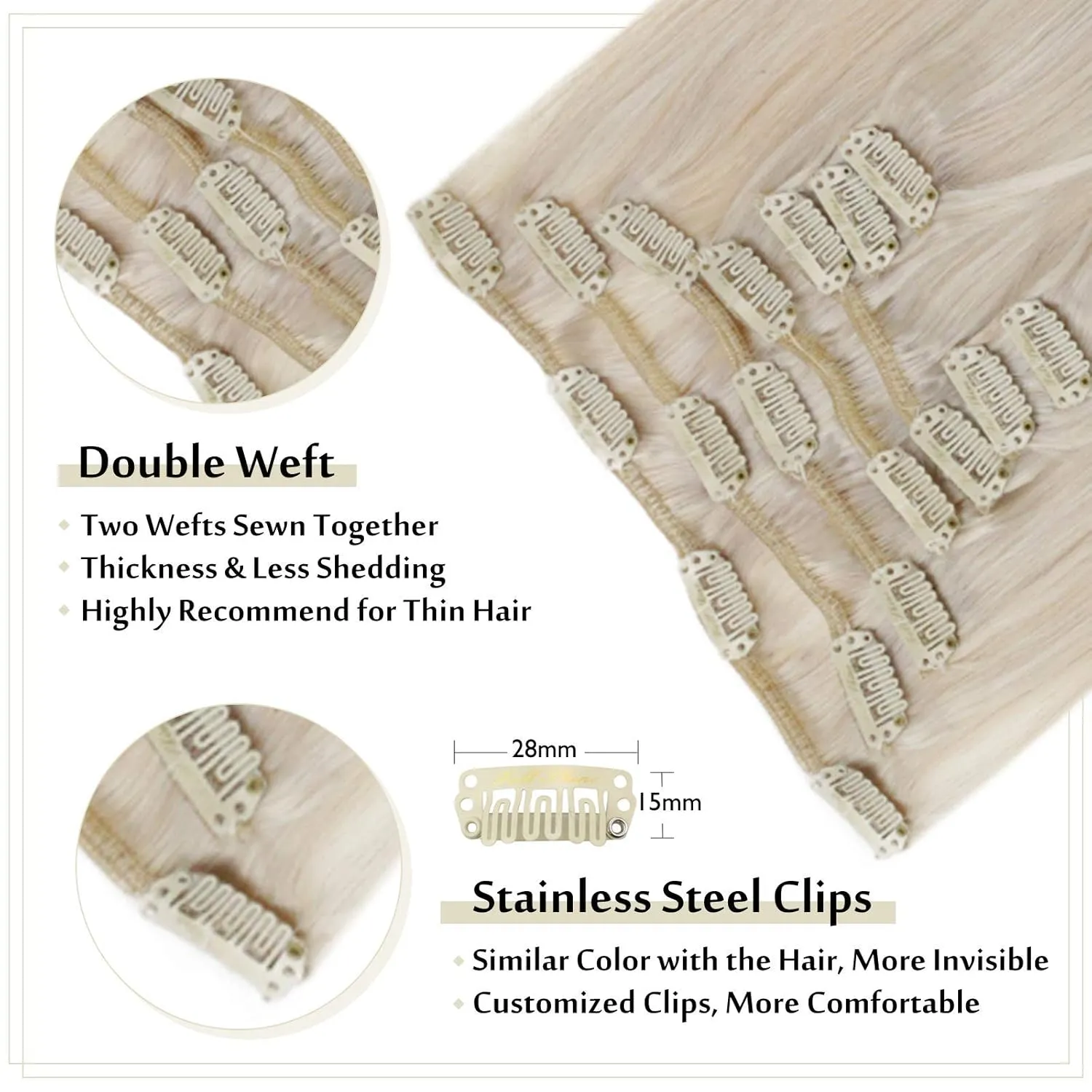 Full Shine Clip in Hair Extensions Real Human Hair Blonde Hair Extensions Clip ins for Women Blonde Hair Clip in Extensions Brazilian Straight Hair Thick Ends 20 Inch 7 Pcs 120 G
