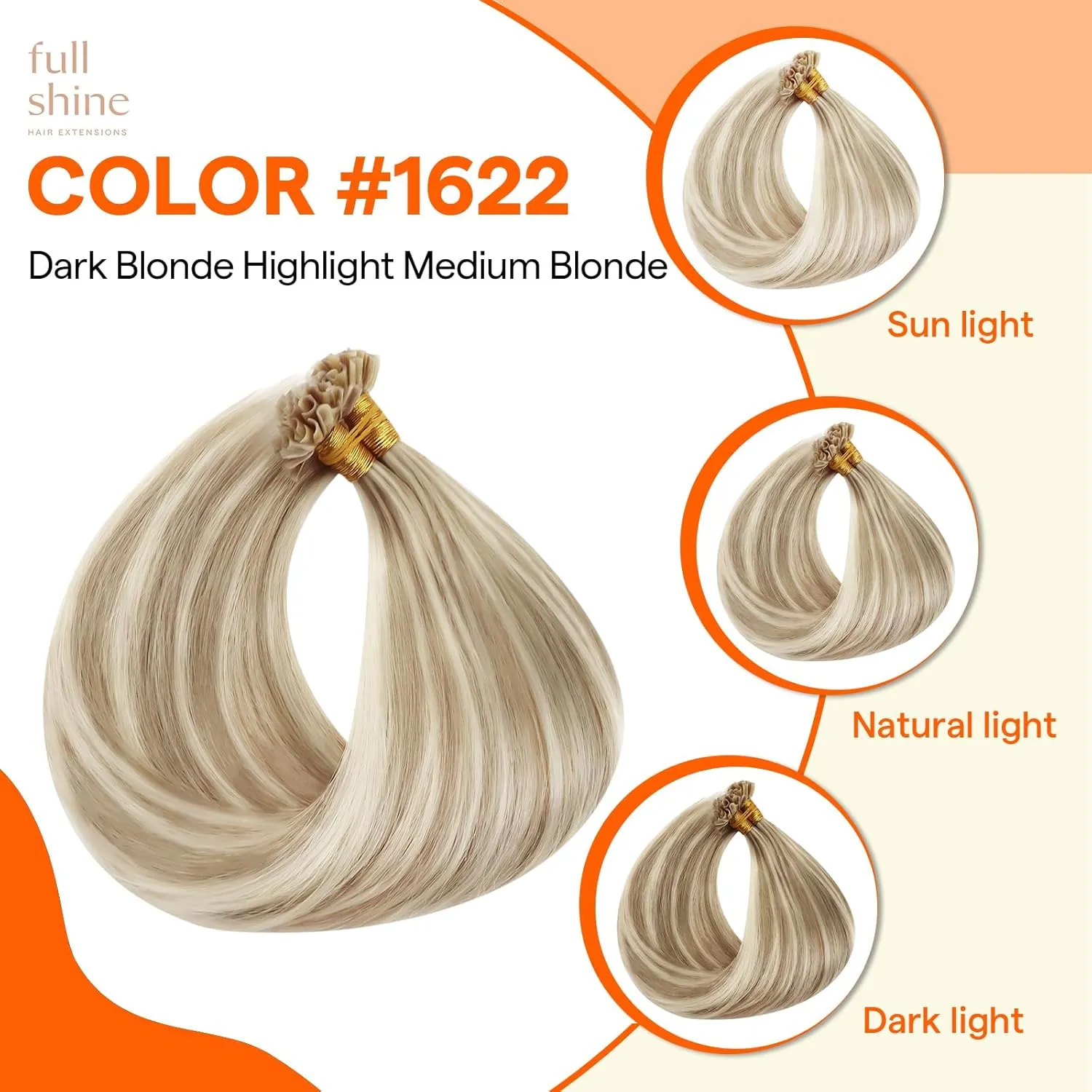 Full Shine Keratin Tip Hair Extensions Human Hair 22 Inch U Tip Human Hair Extensions P16/22 Blonde Highlight Extensions 50g/50s Fusion Extensions Remy Hair for Women