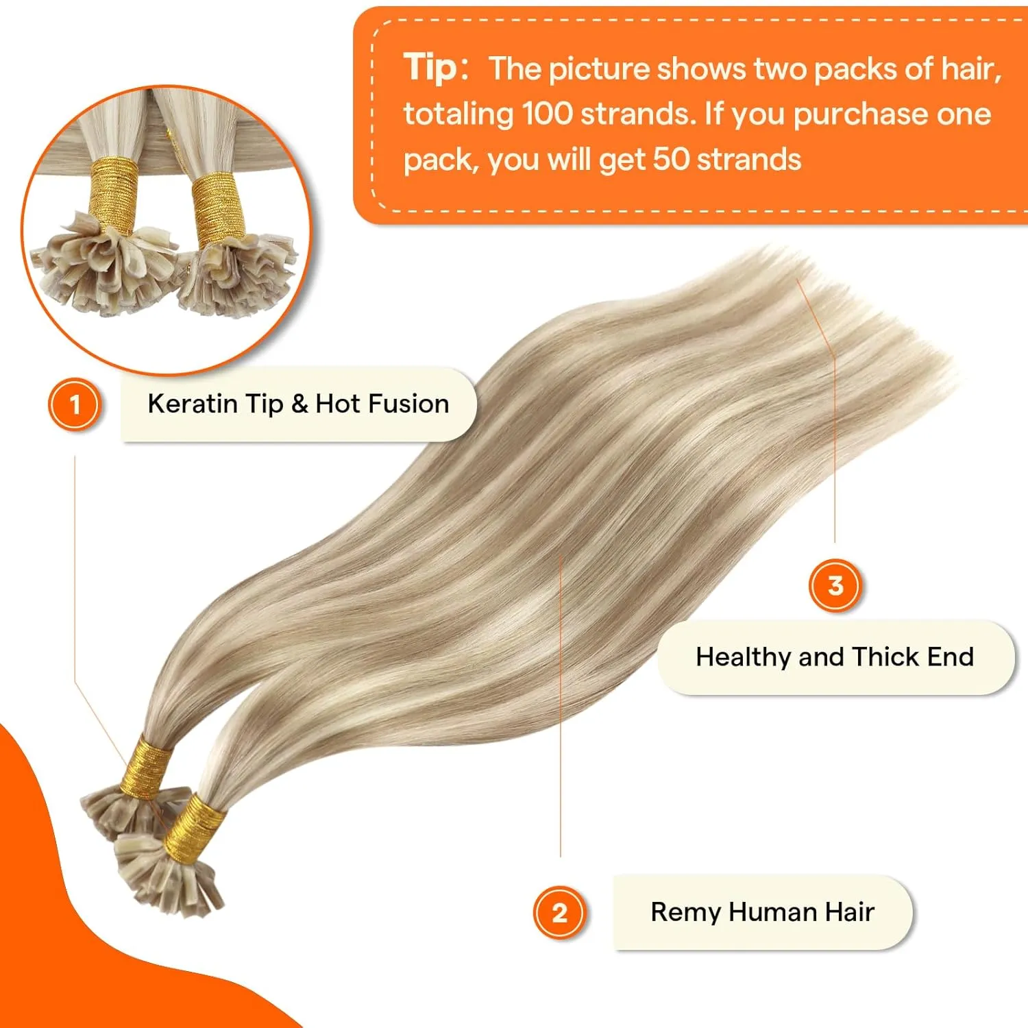Full Shine Keratin Tip Hair Extensions Human Hair 22 Inch U Tip Human Hair Extensions P16/22 Blonde Highlight Extensions 50g/50s Fusion Extensions Remy Hair for Women