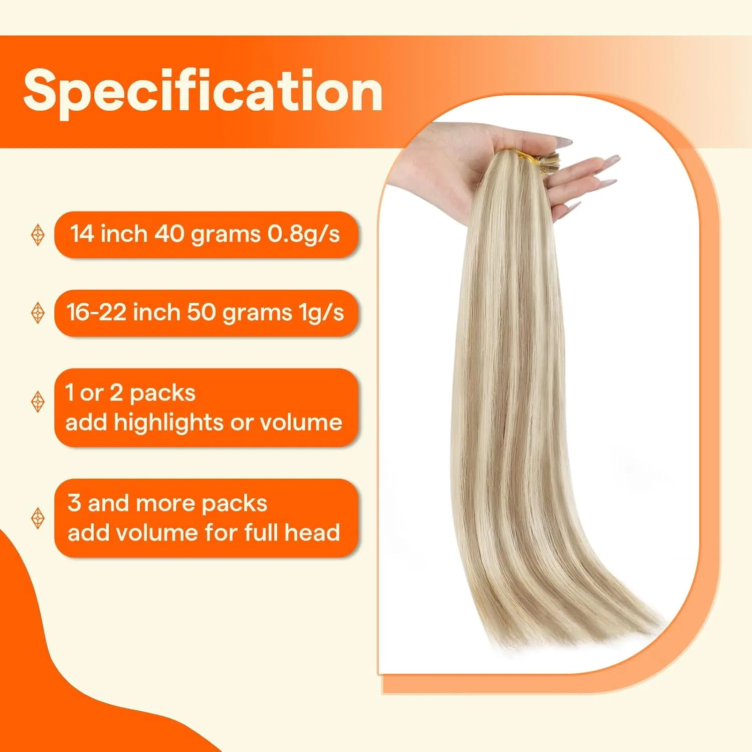 Full Shine Keratin Tip Hair Extensions Human Hair 22 Inch U Tip Human Hair Extensions P16/22 Blonde Highlight Extensions 50g/50s Fusion Extensions Remy Hair for Women