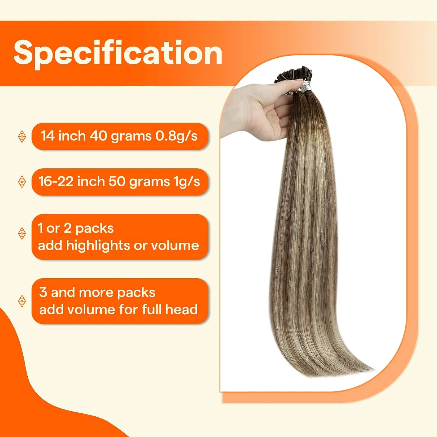 Full Shine U Tip Hair Extensions Human Hair 22 Inch Natural Human hair Extension Balayage Brown Fading to Blonde Highlighted Brown Natural Fusion Hair Keratin Extensions 50g/50s
